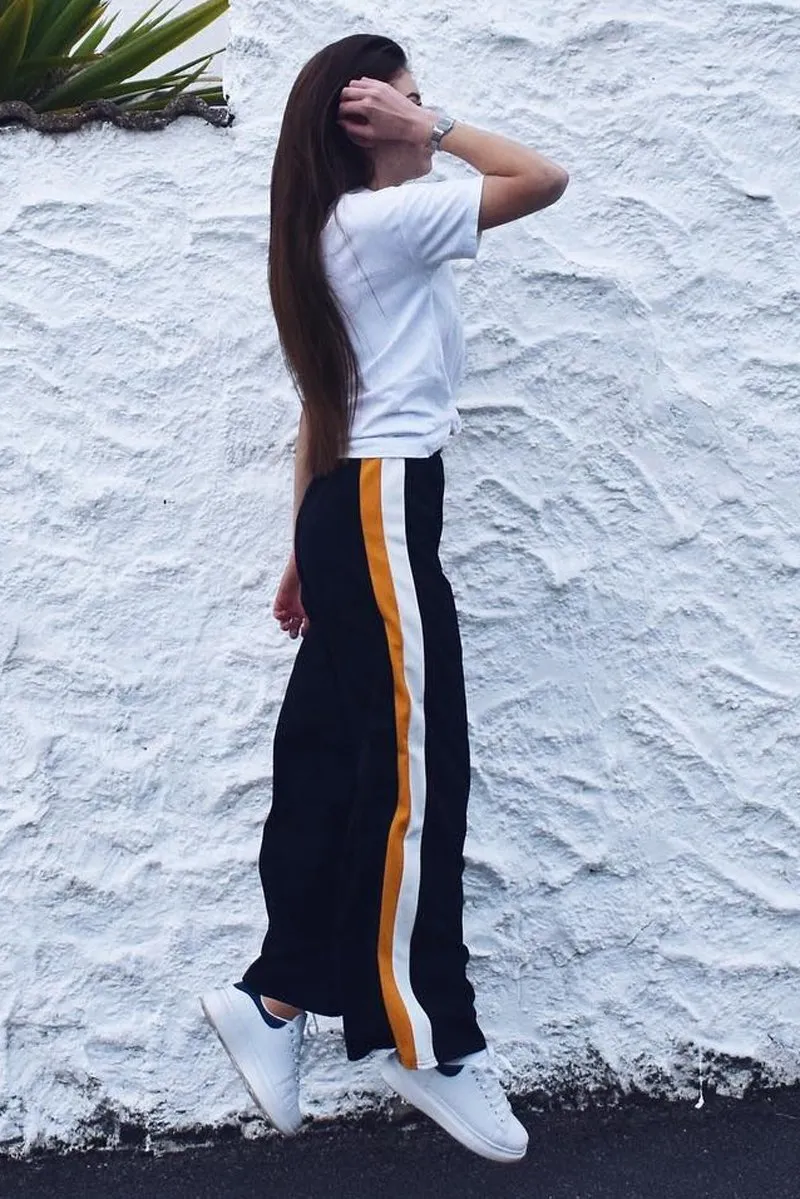 Black with Mustard and White Side Stripe Wide Leg Trousers - Wiley