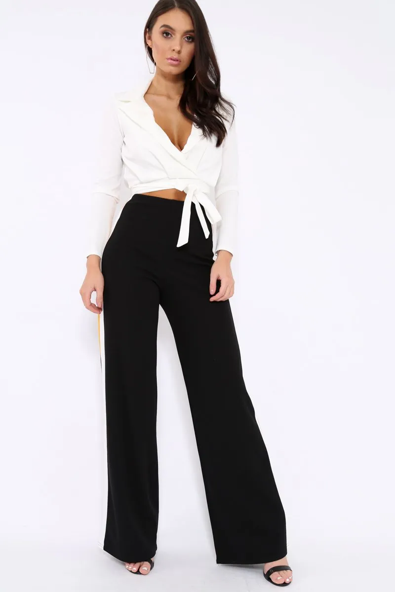 Black with Mustard and White Side Stripe Wide Leg Trousers - Wiley