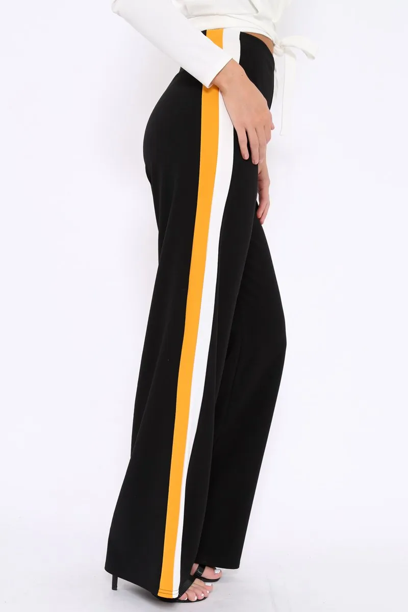 Black with Mustard and White Side Stripe Wide Leg Trousers - Wiley