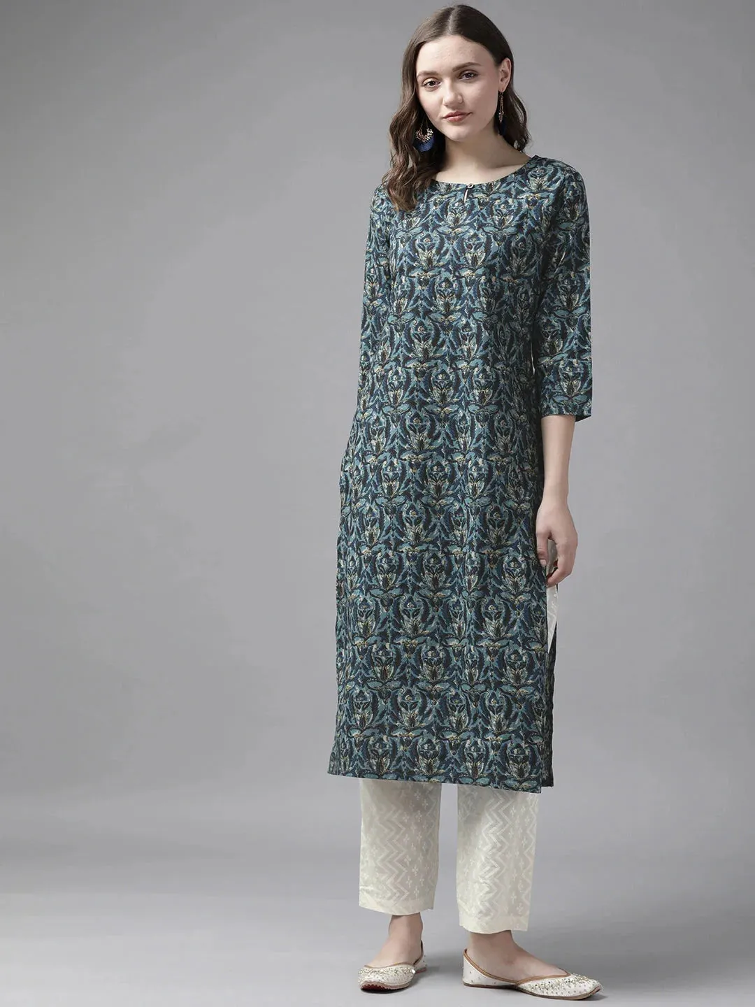 Blue & White Ethnic Printed Kurta Set