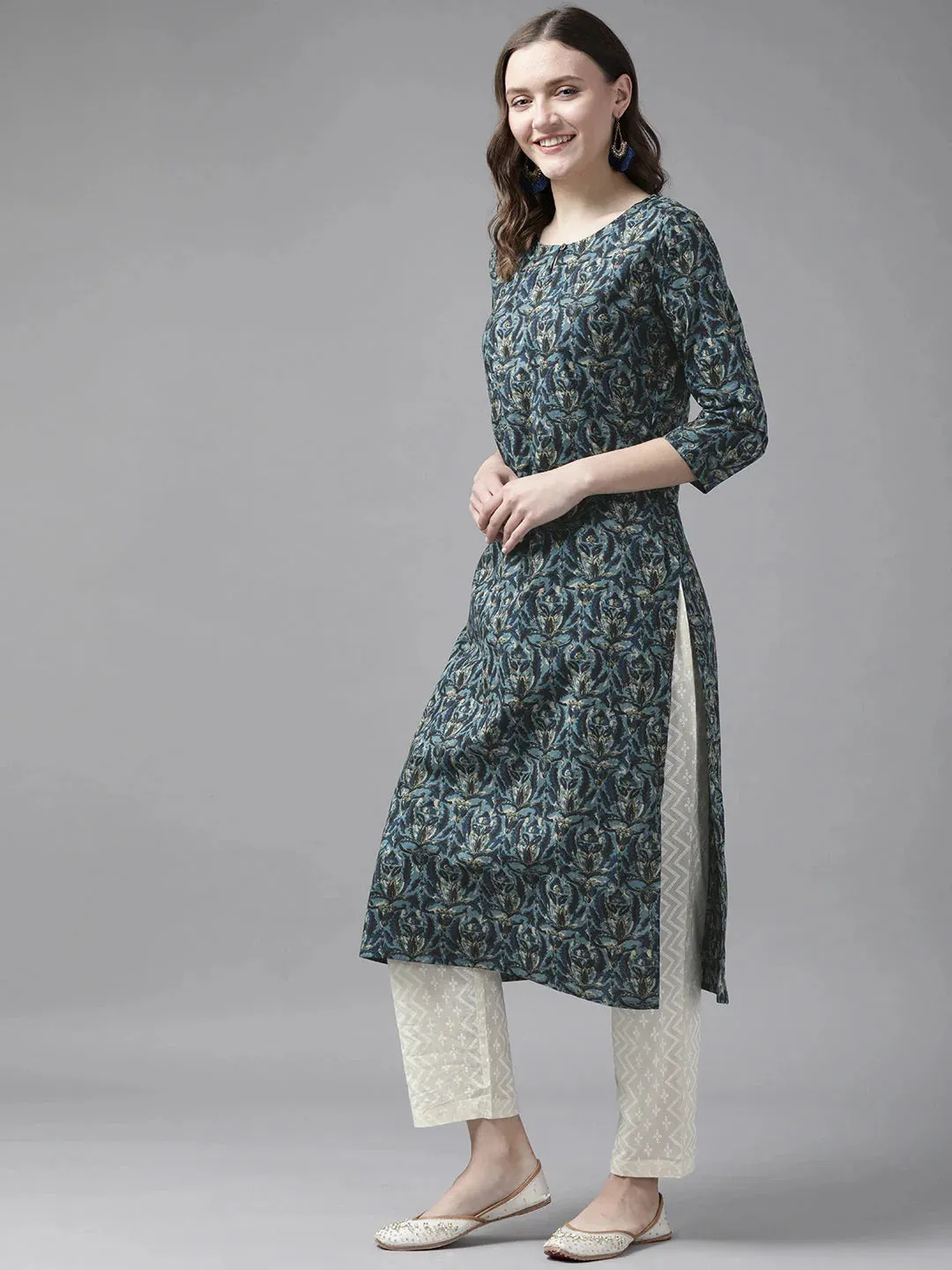 Blue & White Ethnic Printed Kurta Set