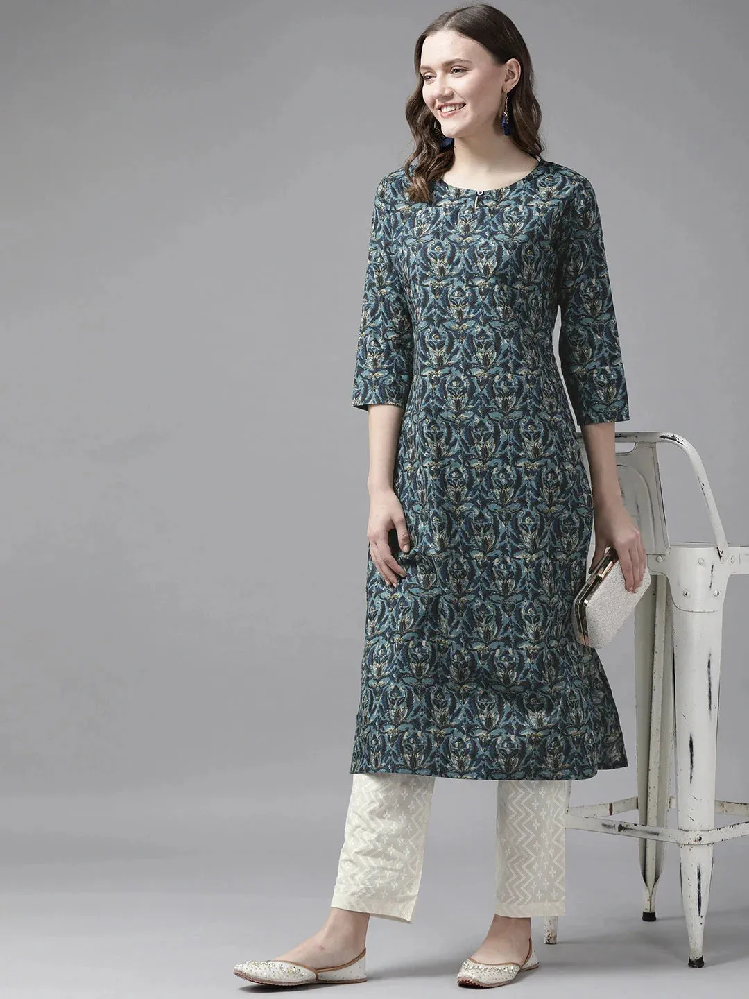 Blue & White Ethnic Printed Kurta Set