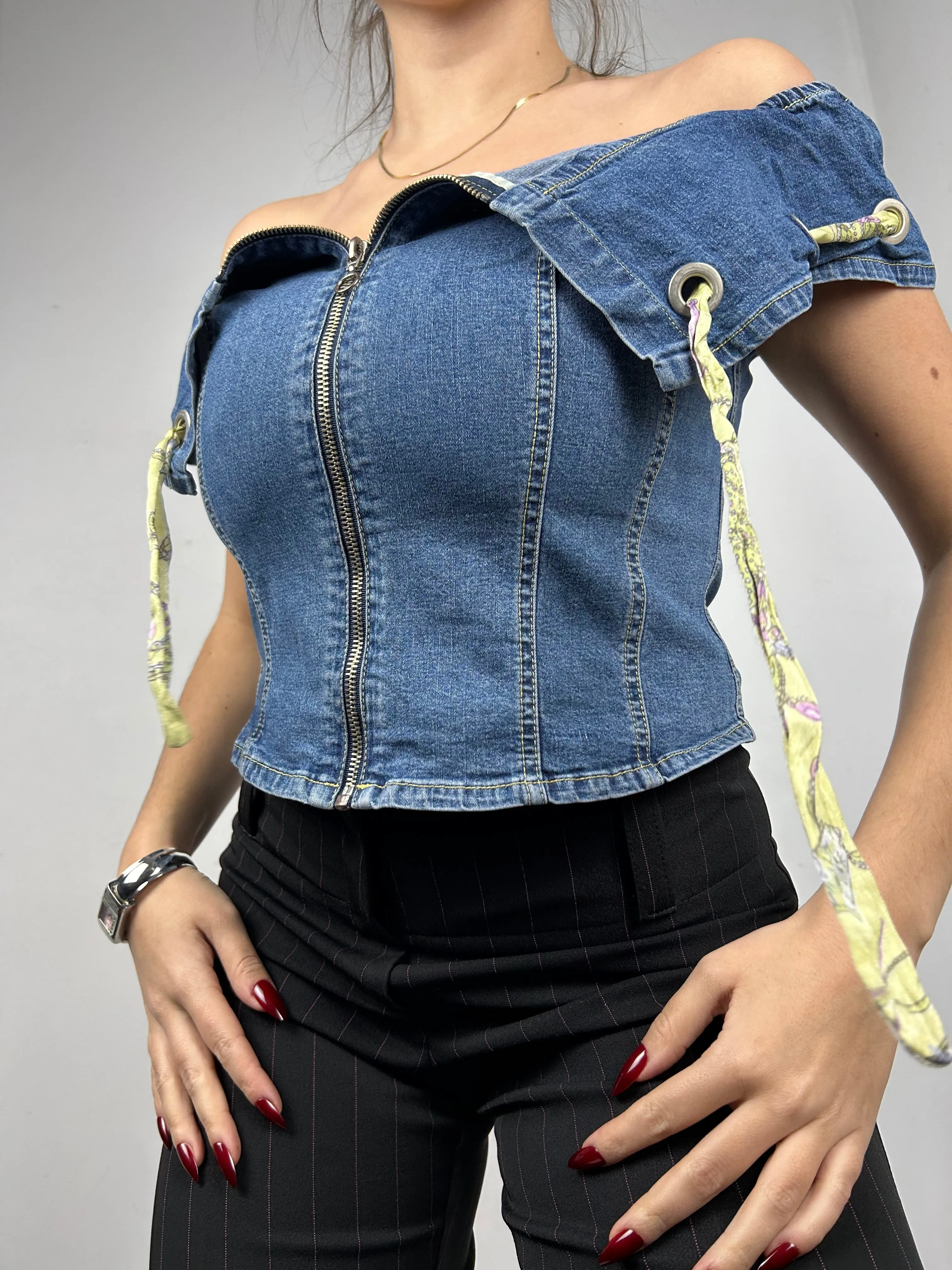 Blue denim bardot neck zip up top (S/M)