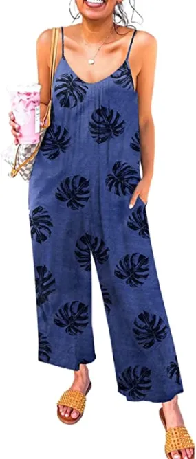 Blue Pattren Women's Casual Sleeveless Front Button Loose Jumpsuits Stretchy Long Pants Romper with Pockets - Happy Sailed