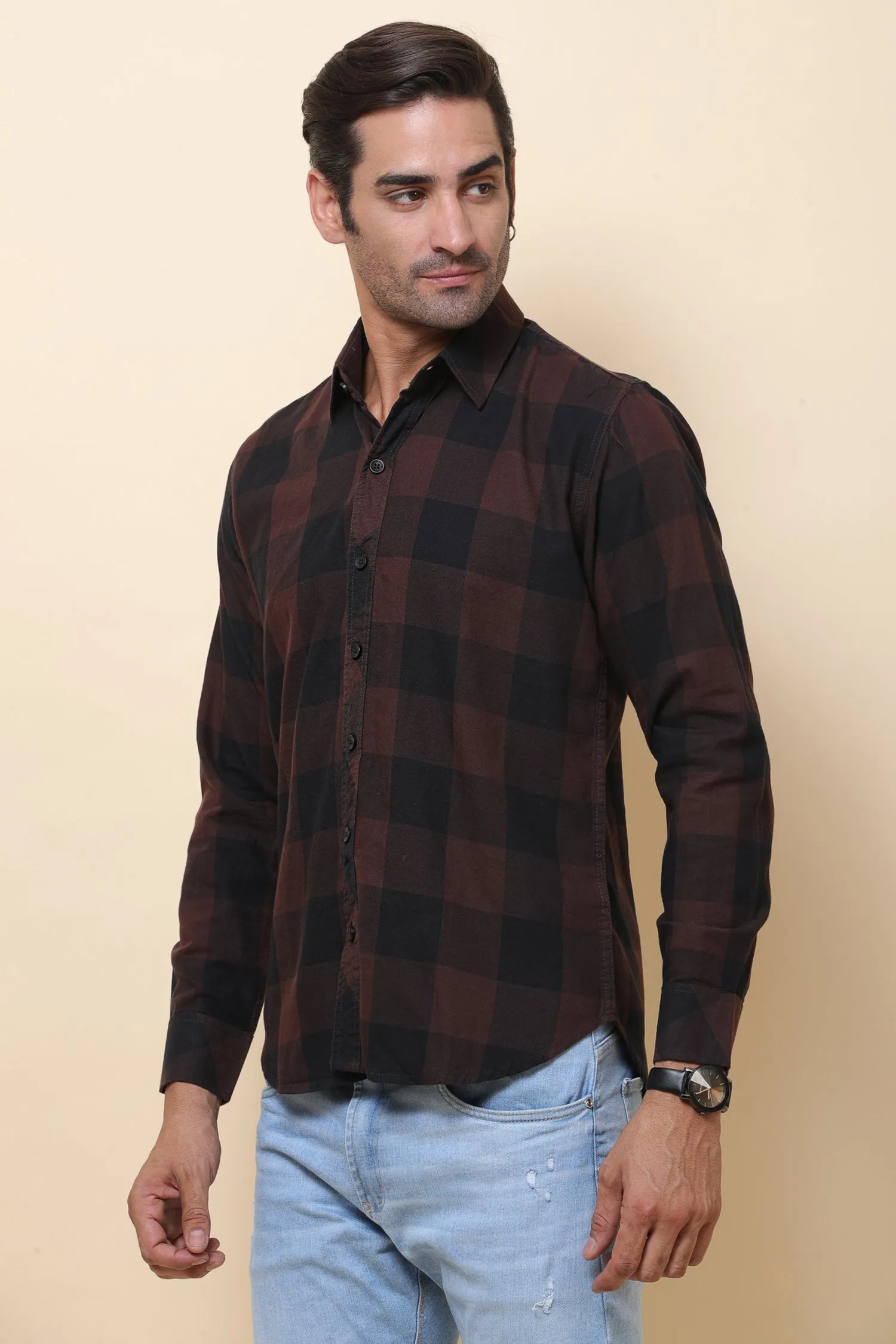 Box Check Coffee Black Full Sleeve Shirt for Men