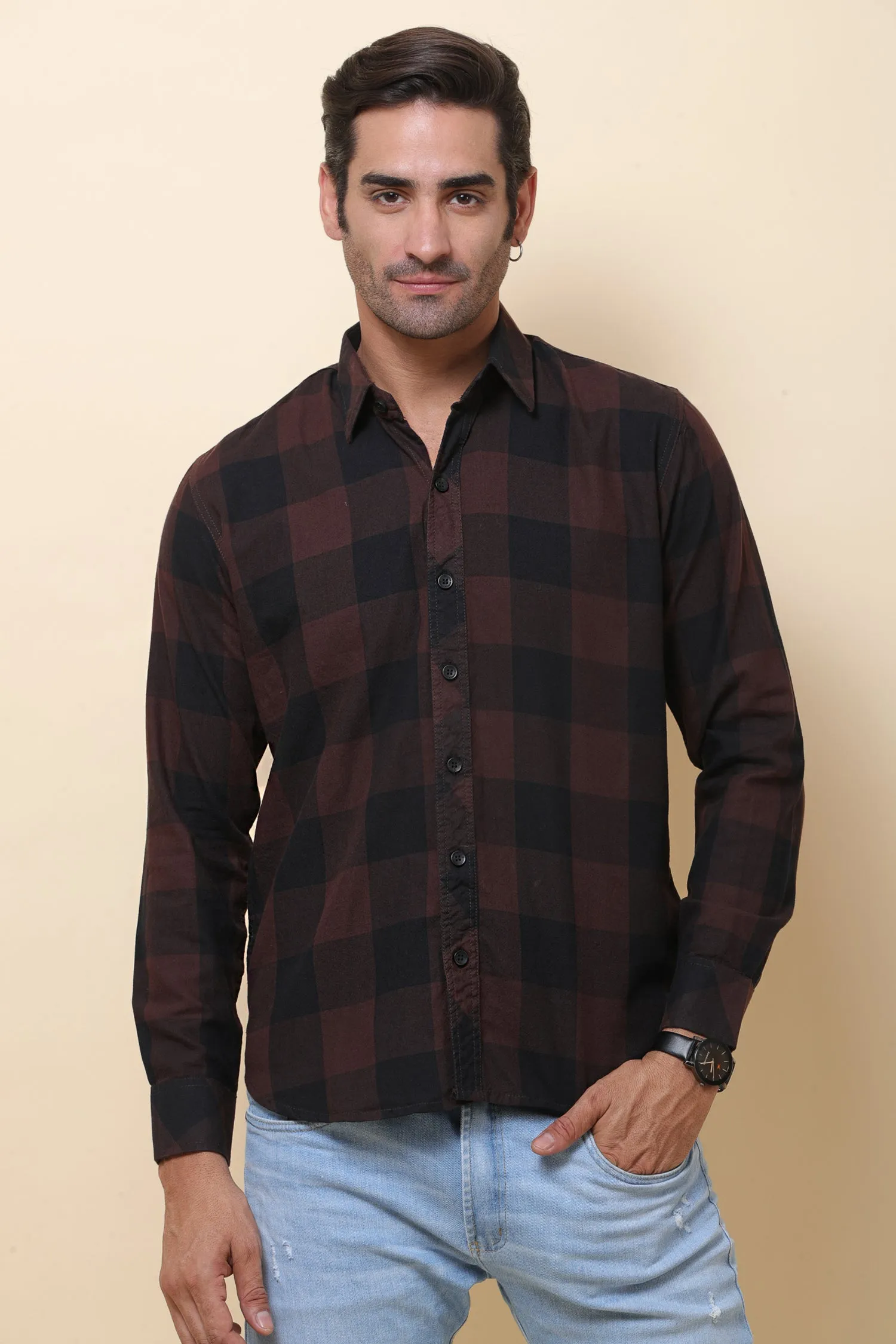 Box Check Coffee Black Full Sleeve Shirt for Men