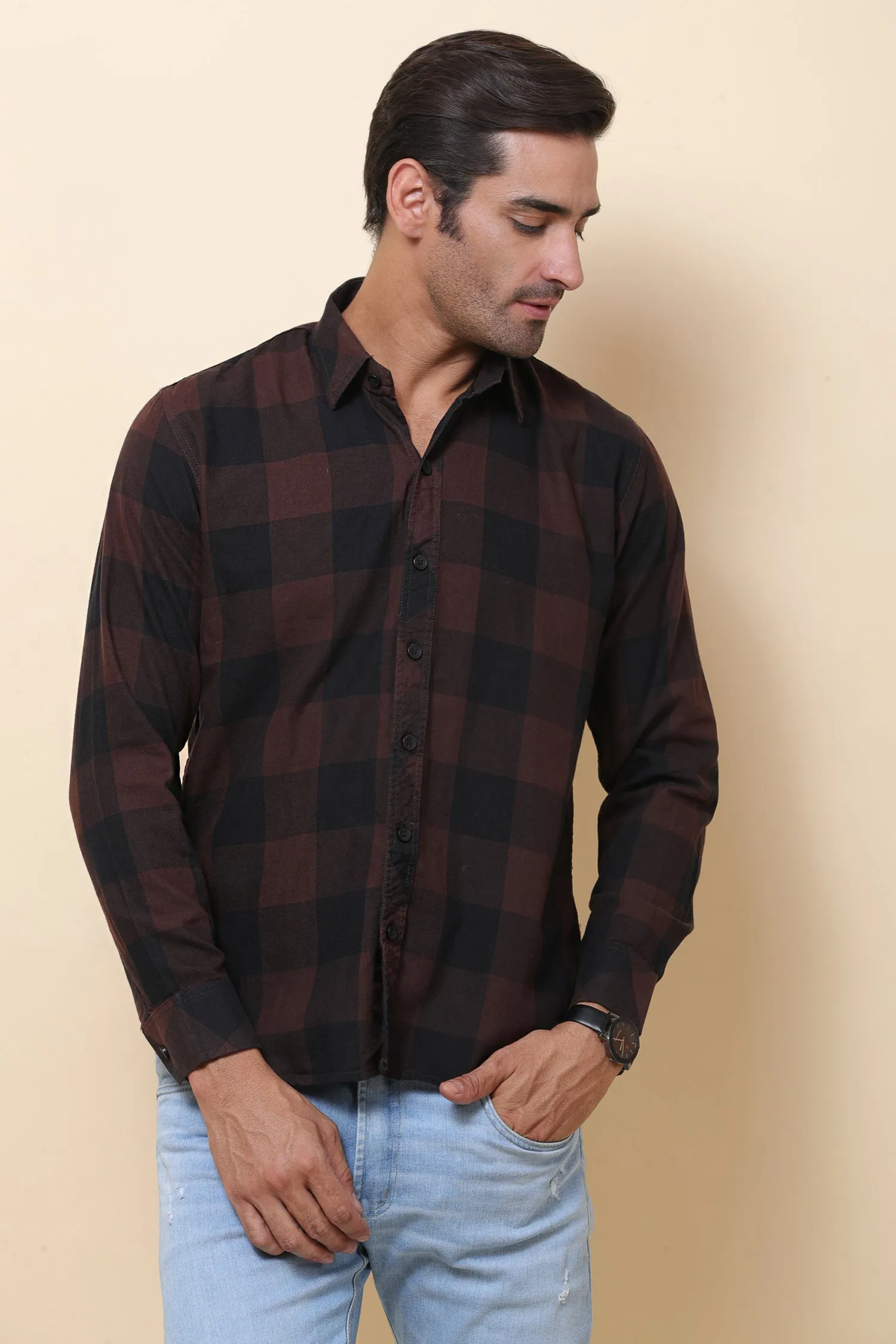 Box Check Coffee Black Full Sleeve Shirt for Men