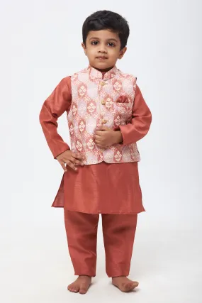 Boys' Elegant Ensemble: Embroidered Pink Kurta & Trousers Set with Lustrous Floral Designs