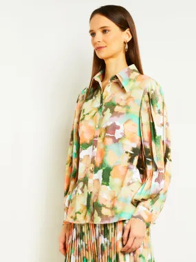 Button Front Blouse - Balloon Sleeve Watercolor Woven