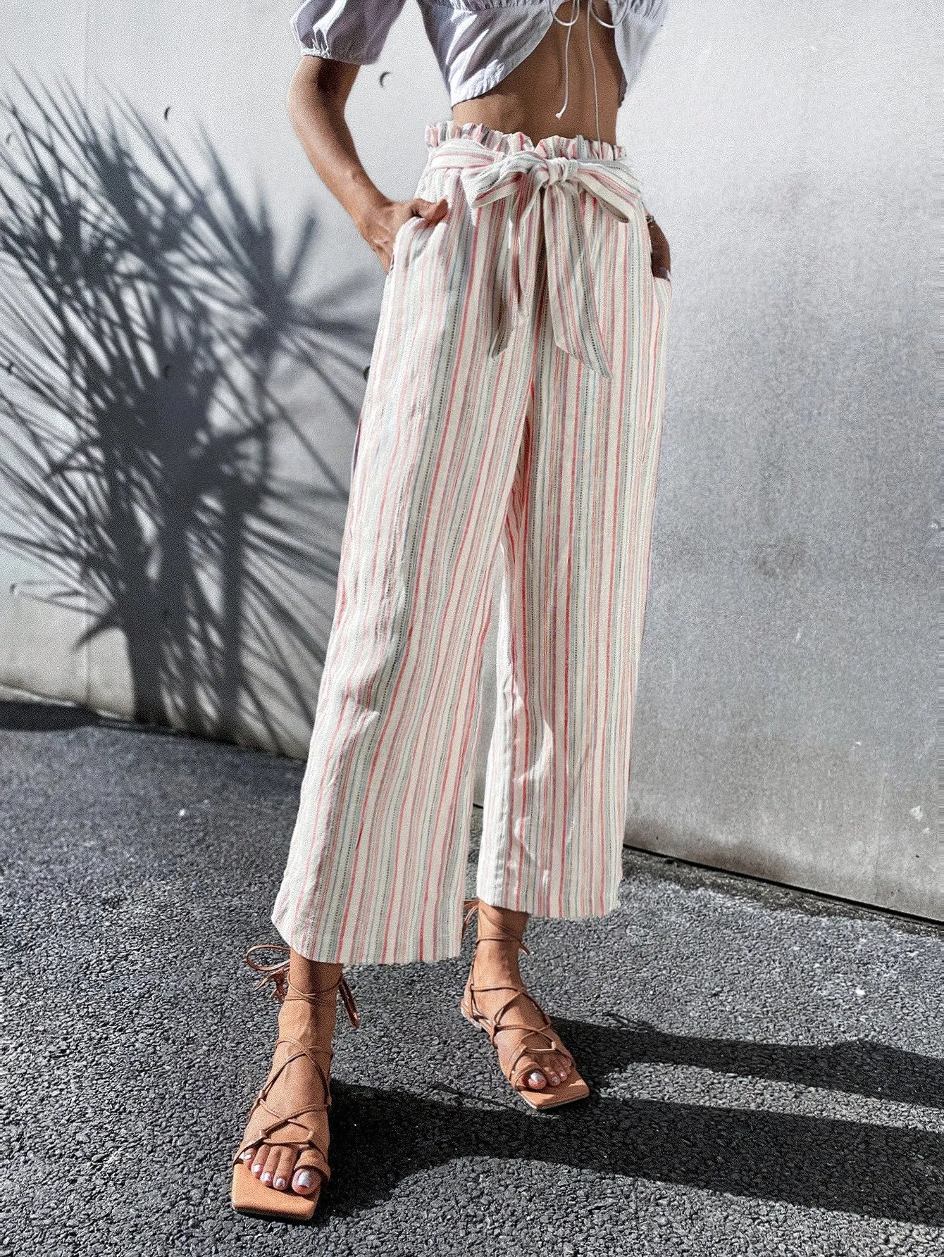 Casual Striped Ruffle High Waist Long Women Pants