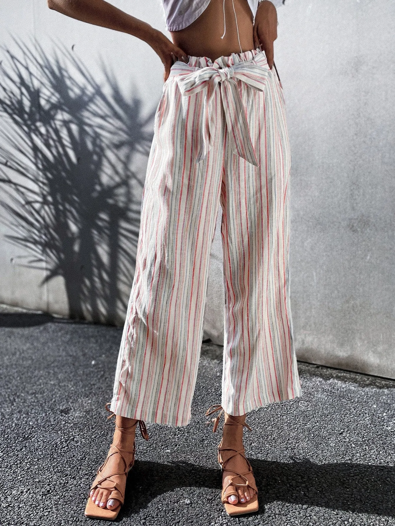 Casual Striped Ruffle High Waist Long Women Pants