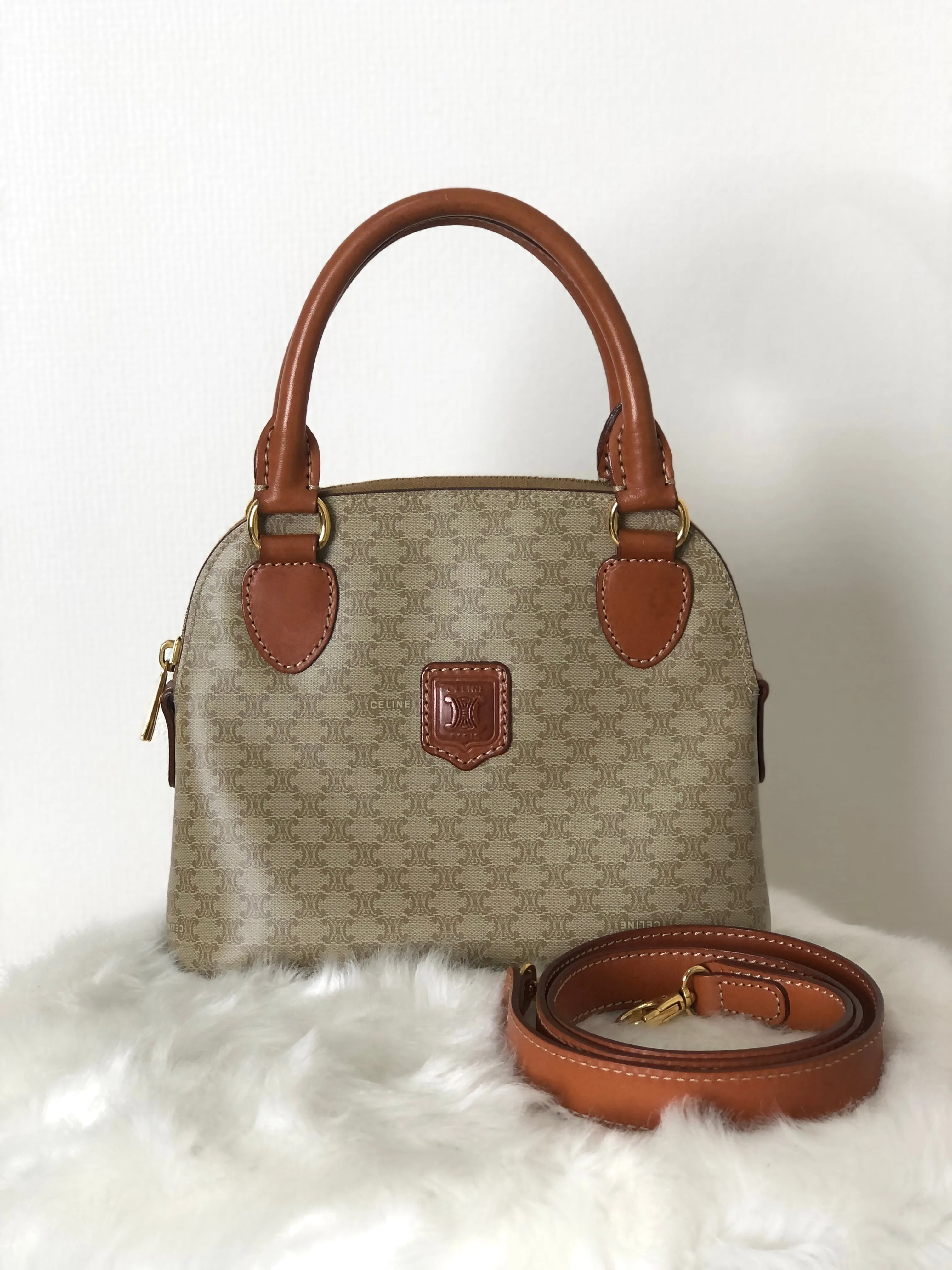 CELINE Macadam Blason Leather Two-way Handbag Shoulder bag Beige Vintage d7kytj