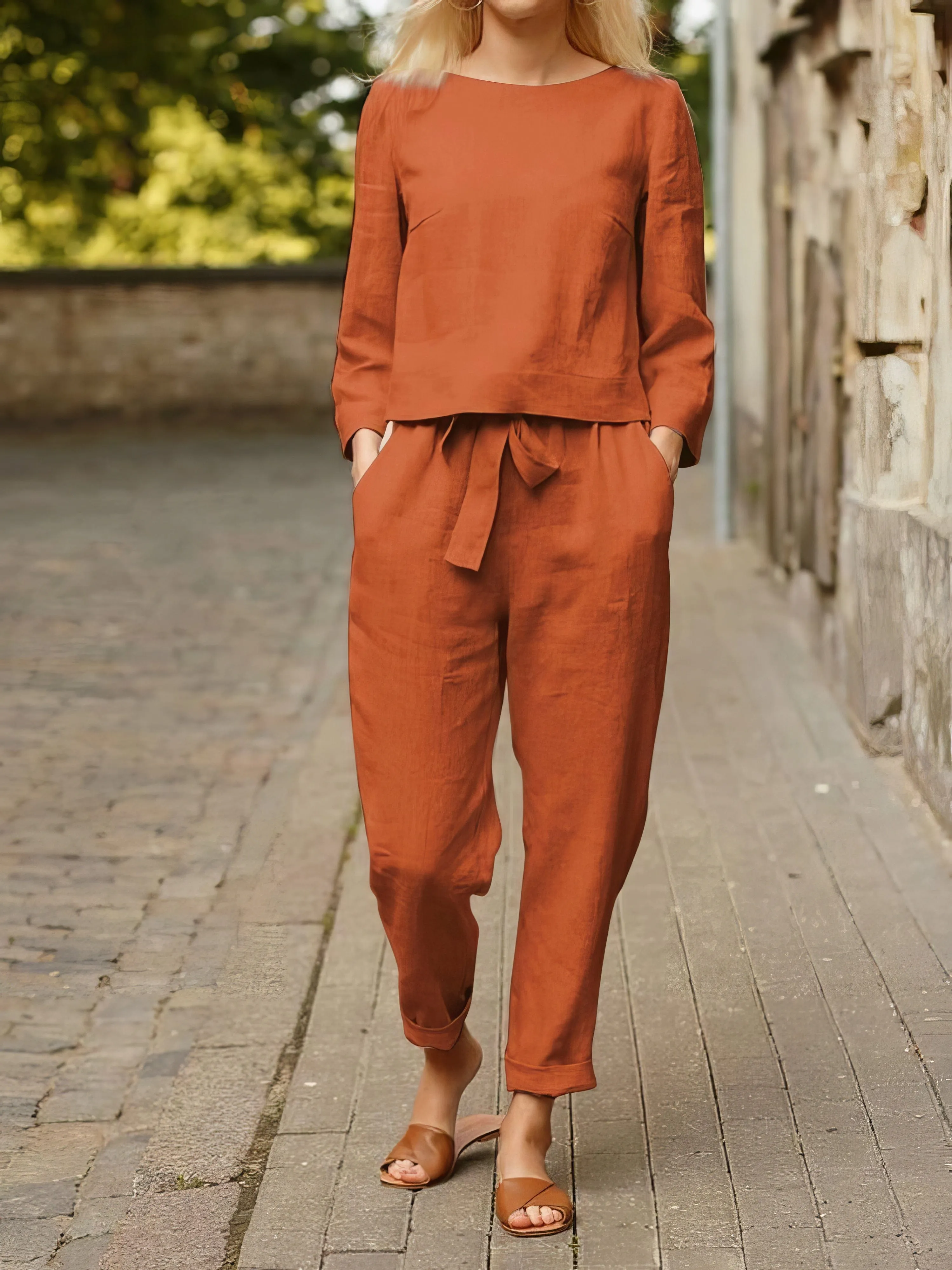 Chic Belted Pocket Trousers & Solid Long Sleeve Top Suit