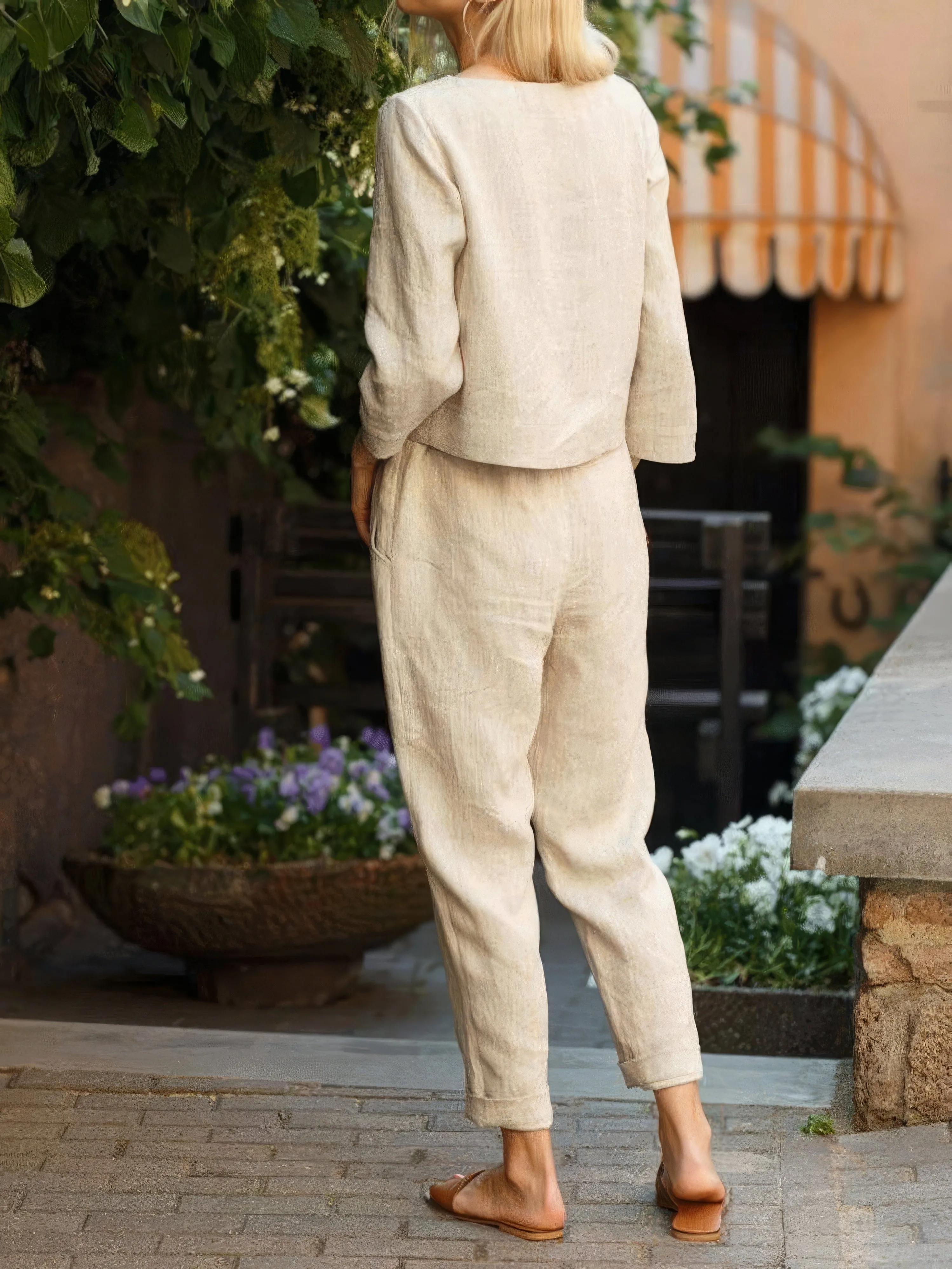 Chic Belted Pocket Trousers & Solid Long Sleeve Top Suit