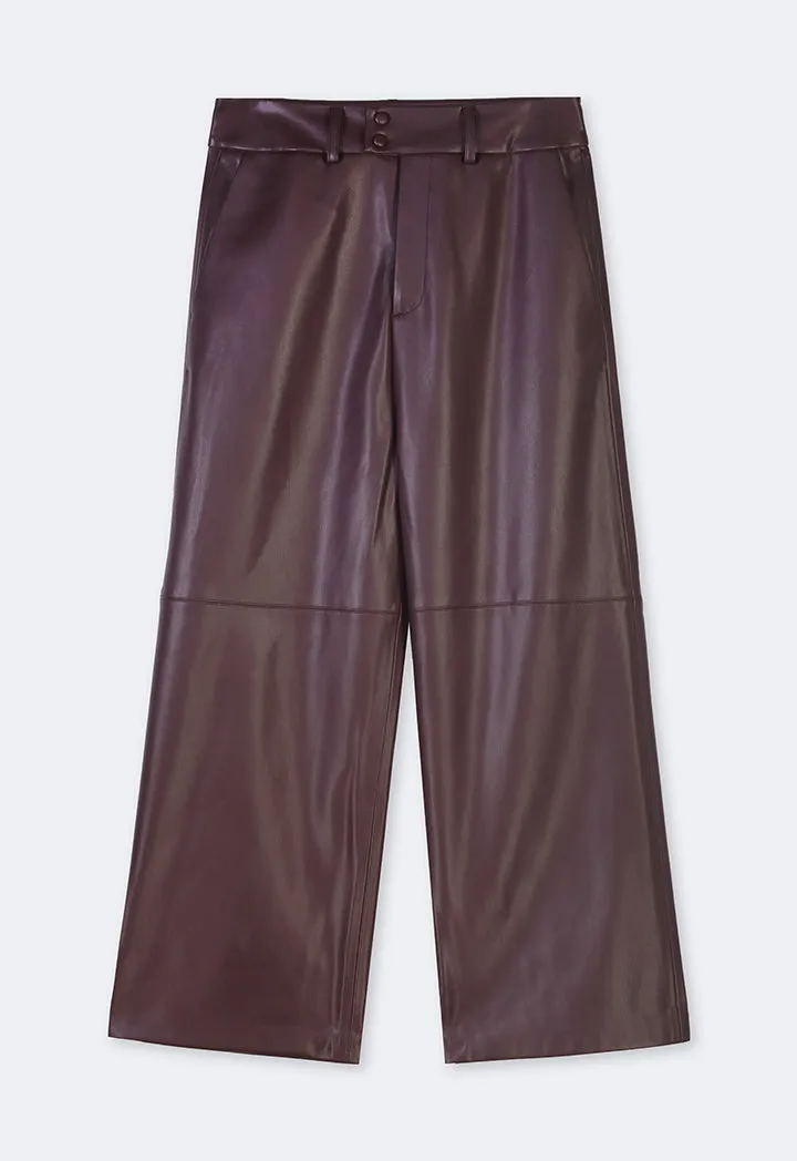 Choice Pu Leather Wide Legs Basic Trousers Burgundy