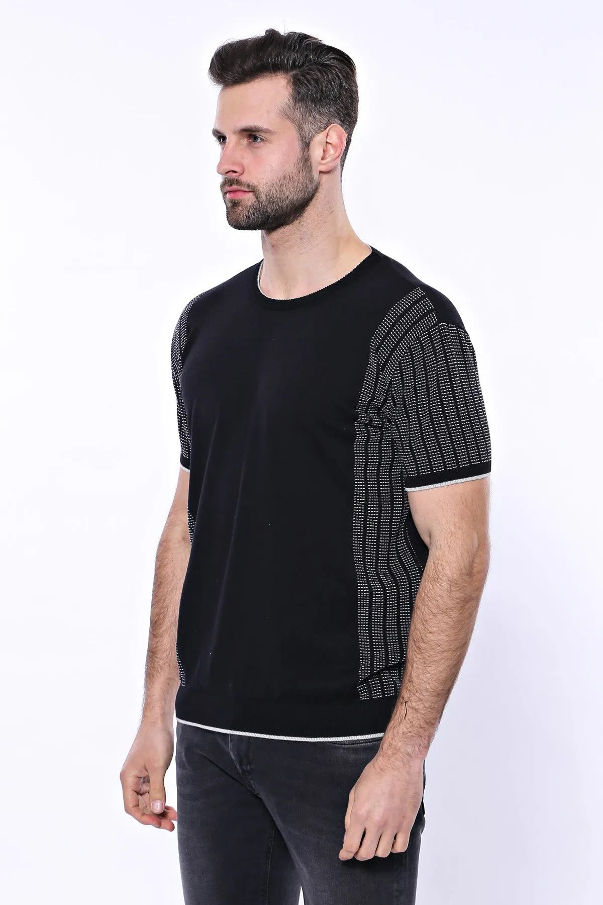 Circle Neck Patterned Black Knitted T-Shirt - Wessi