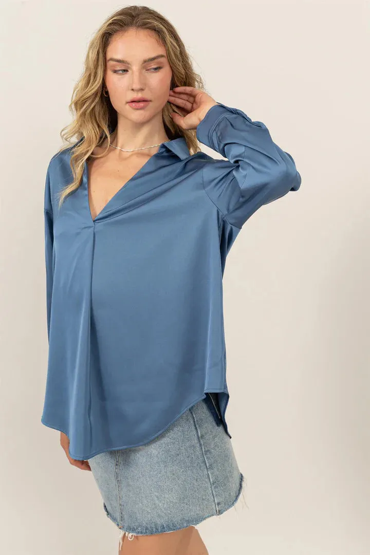 Collared V-Neck Satin Blouse