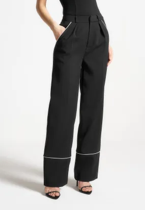 Contrast Piped Pleated Trousers - Black/White