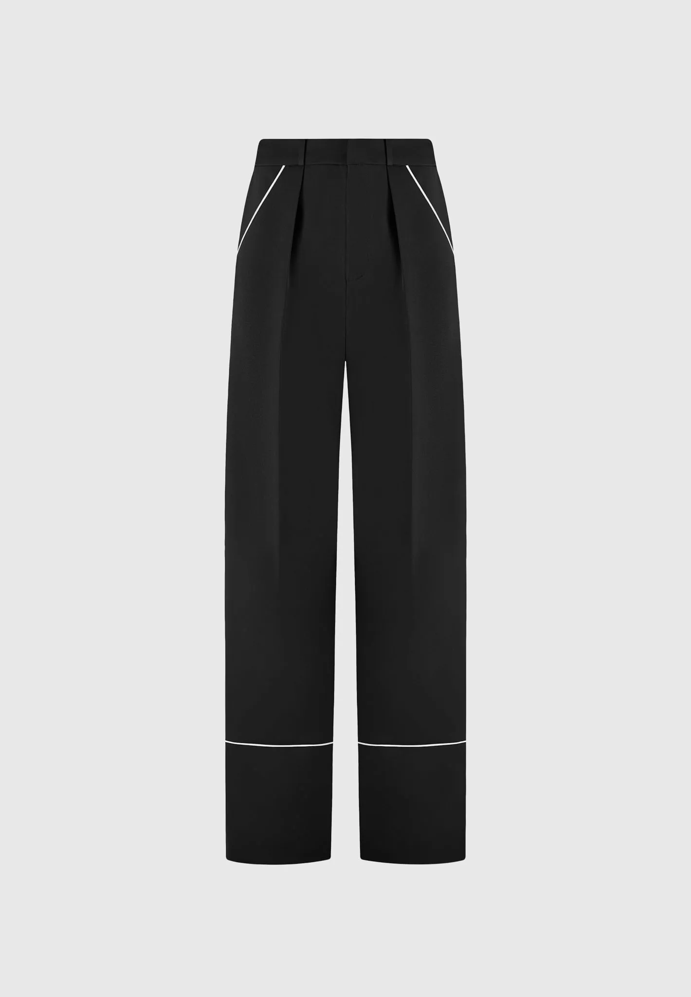 Contrast Piped Pleated Trousers - Black/White