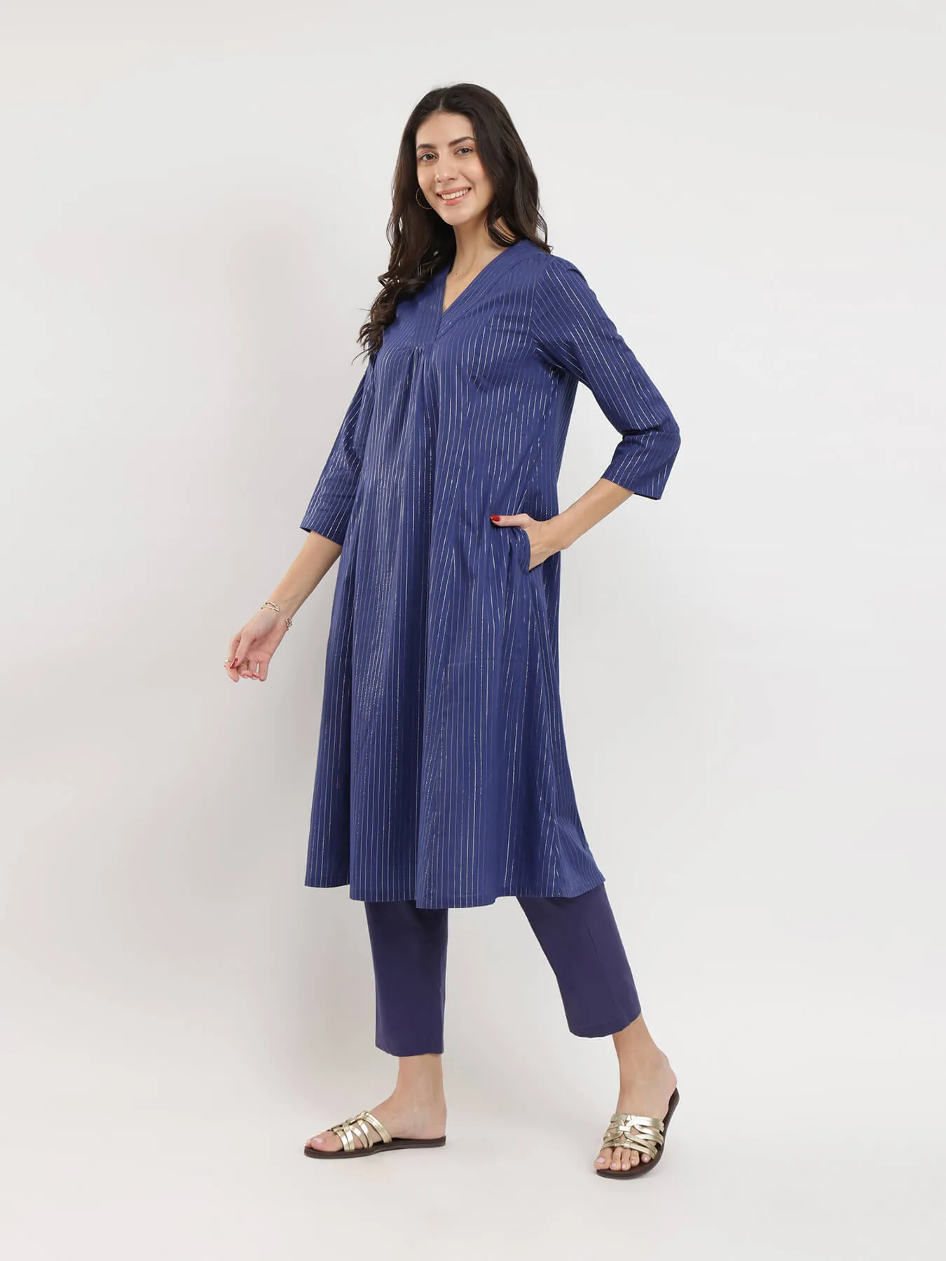 Cotton Lurex Striped A-Line Kurta Set - Blue