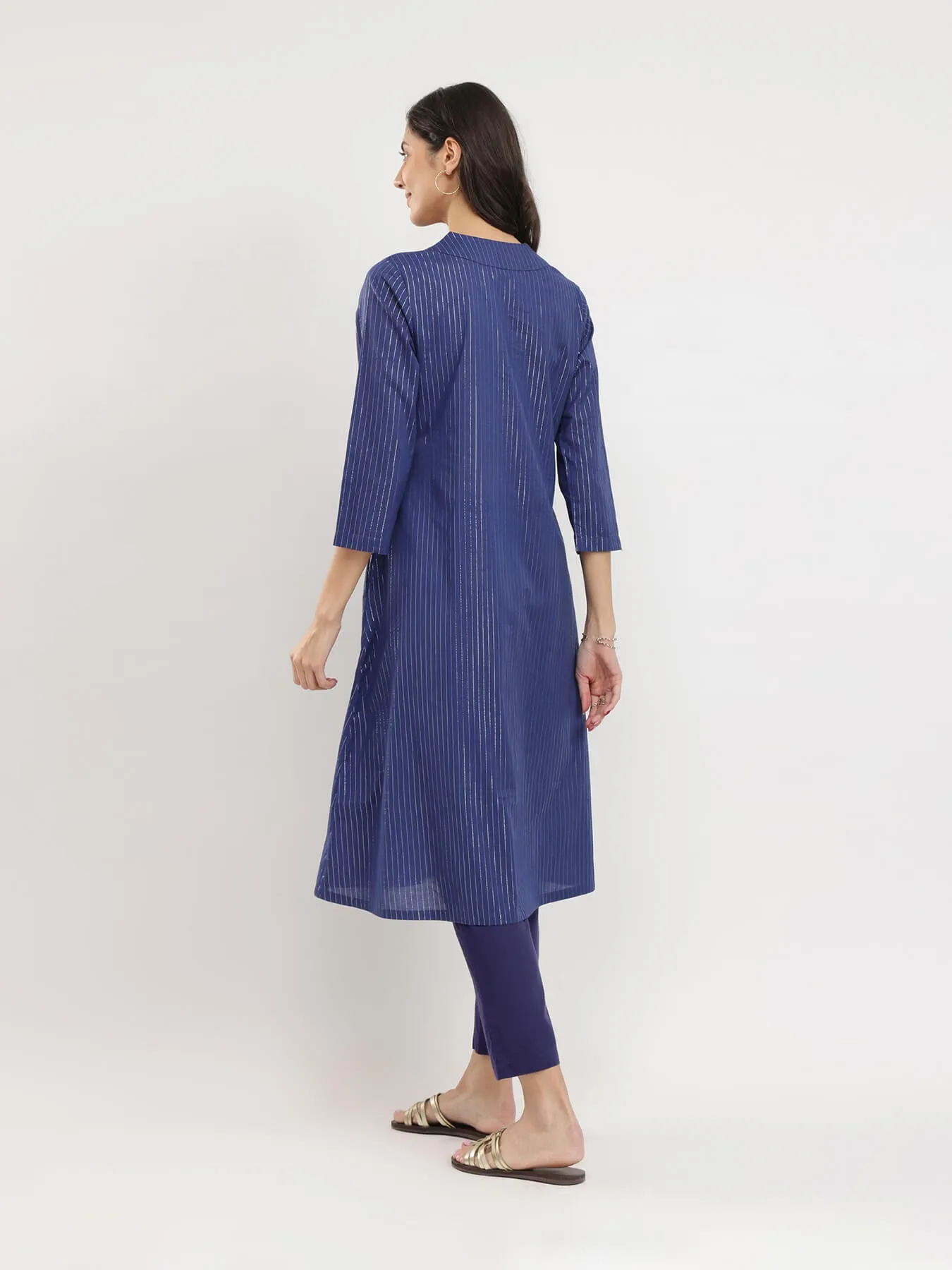 Cotton Lurex Striped A-Line Kurta Set - Blue