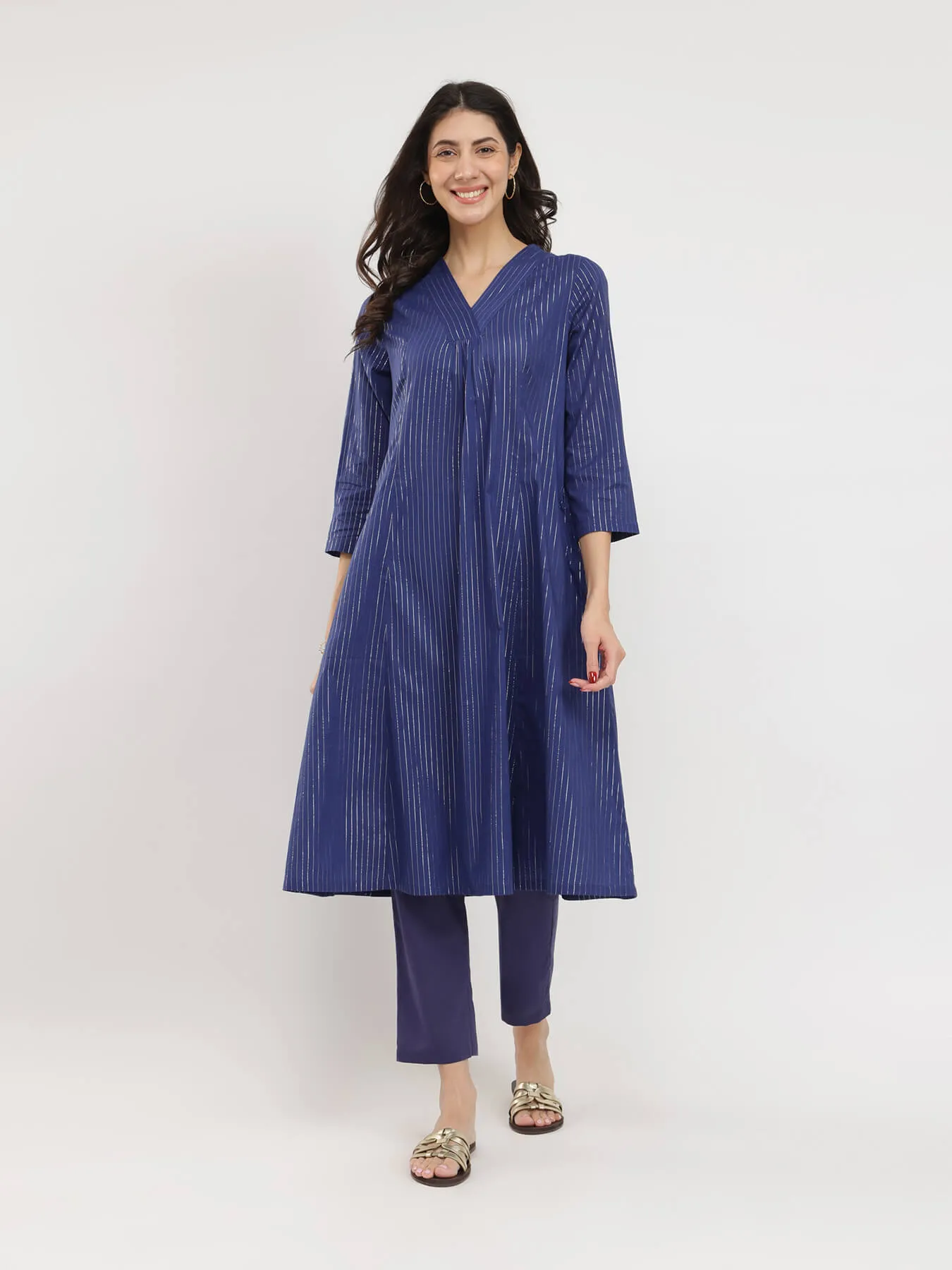 Cotton Lurex Striped A-Line Kurta Set - Blue