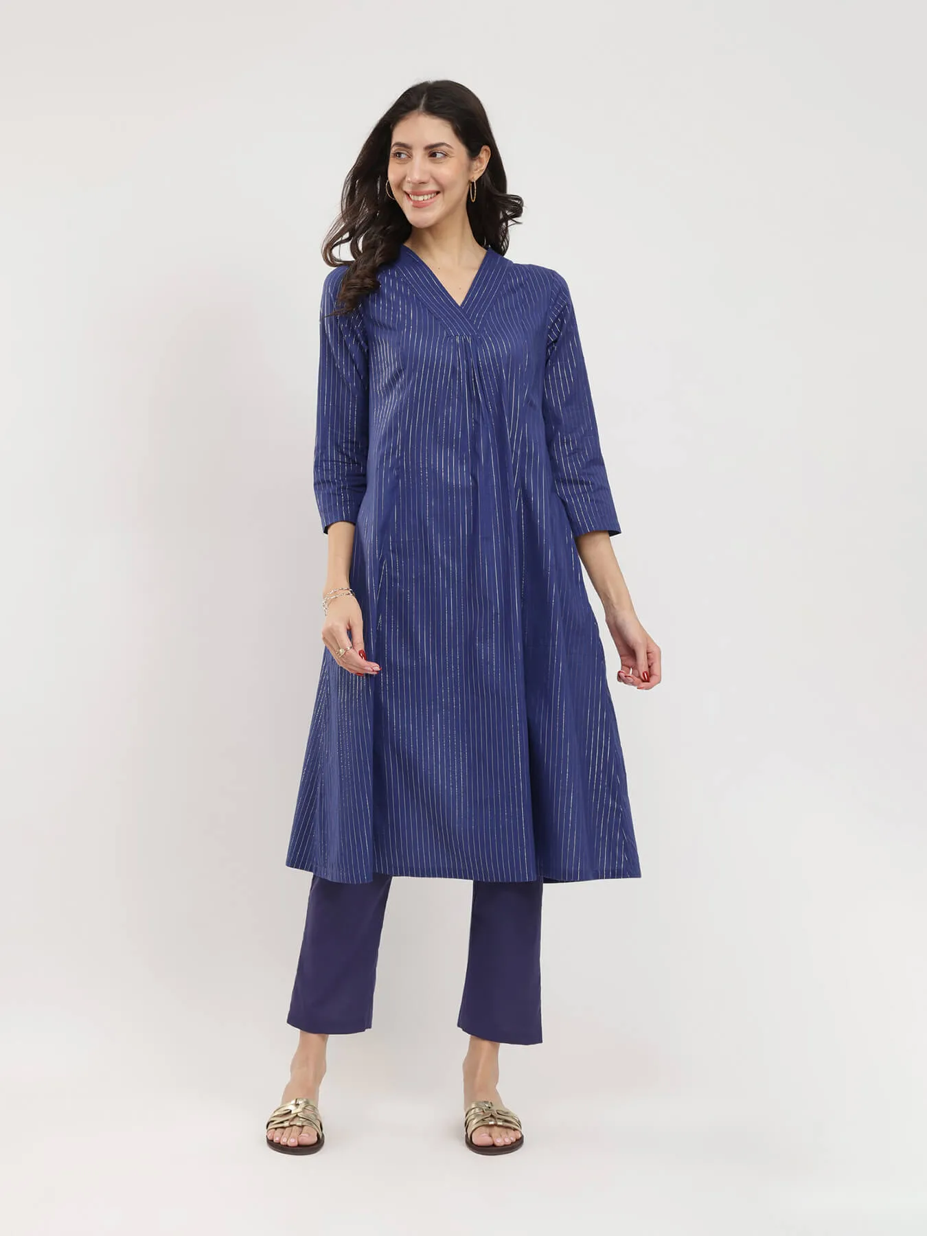 Cotton Lurex Striped A-Line Kurta Set - Blue