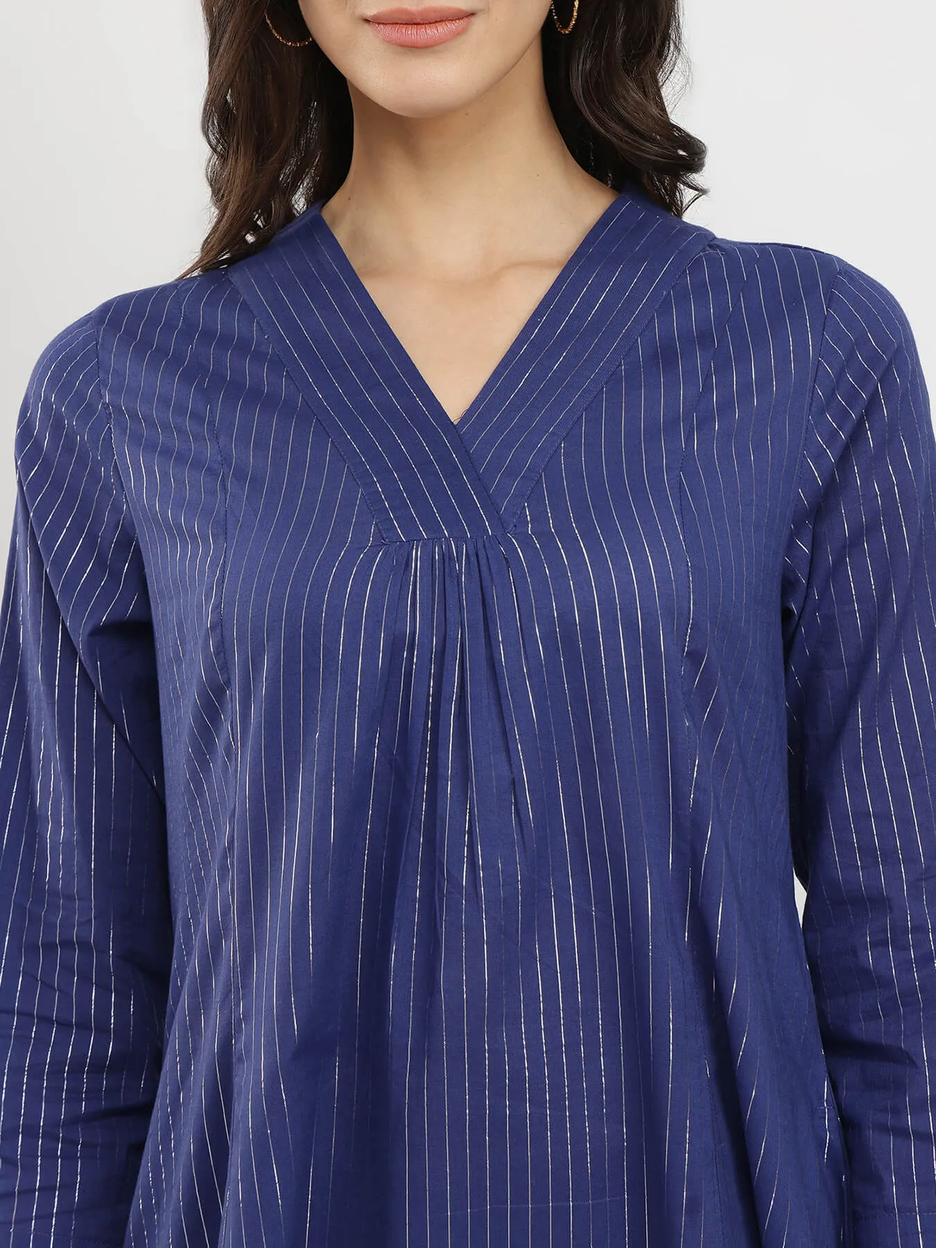 Cotton Lurex Striped A-Line Kurta Set - Blue