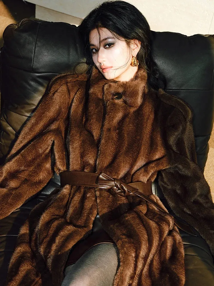 Couture Luxe Brown Faux Mink Fur Coat