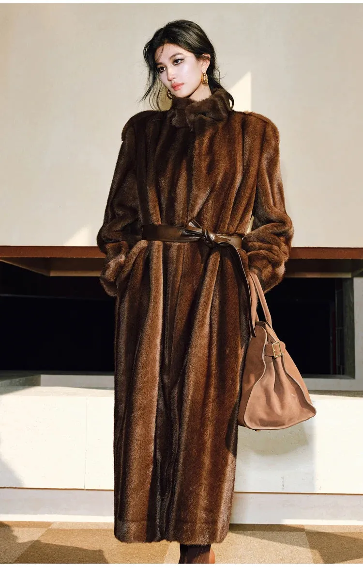 Couture Luxe Brown Faux Mink Fur Coat