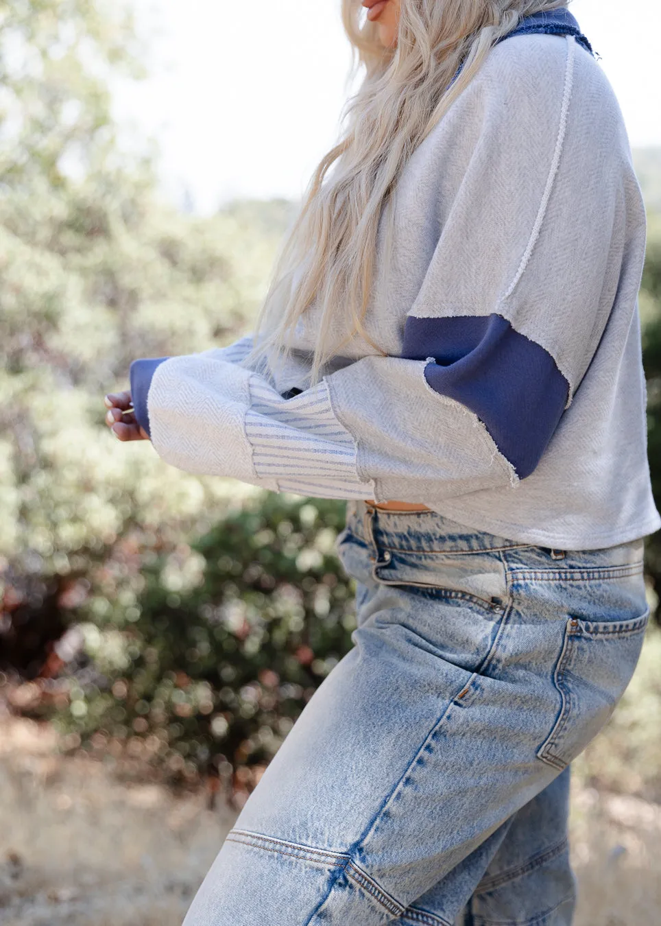 Cozy Chic French Terry Knit Crop Top in Blue