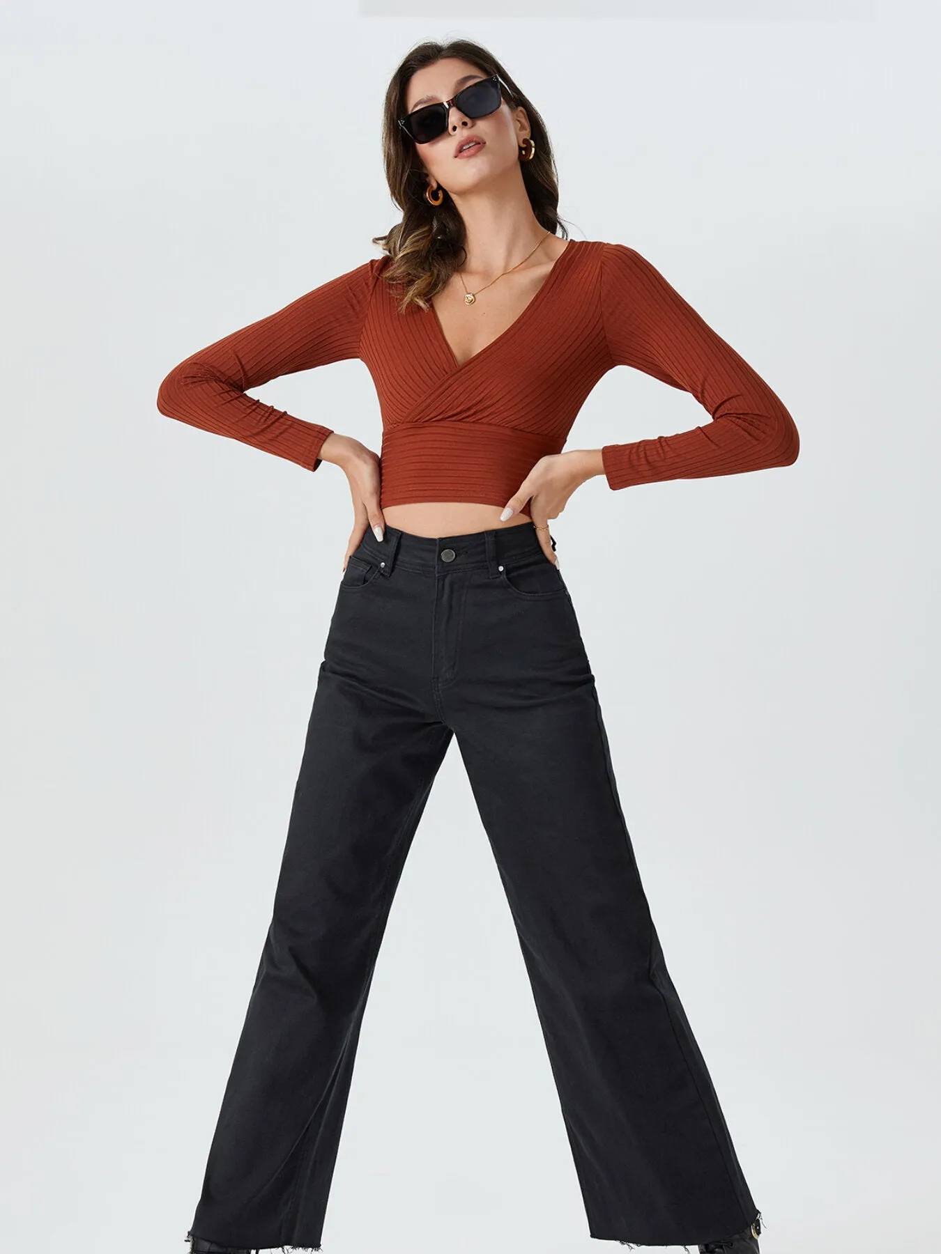 Crop Deep V Neck Rib Top