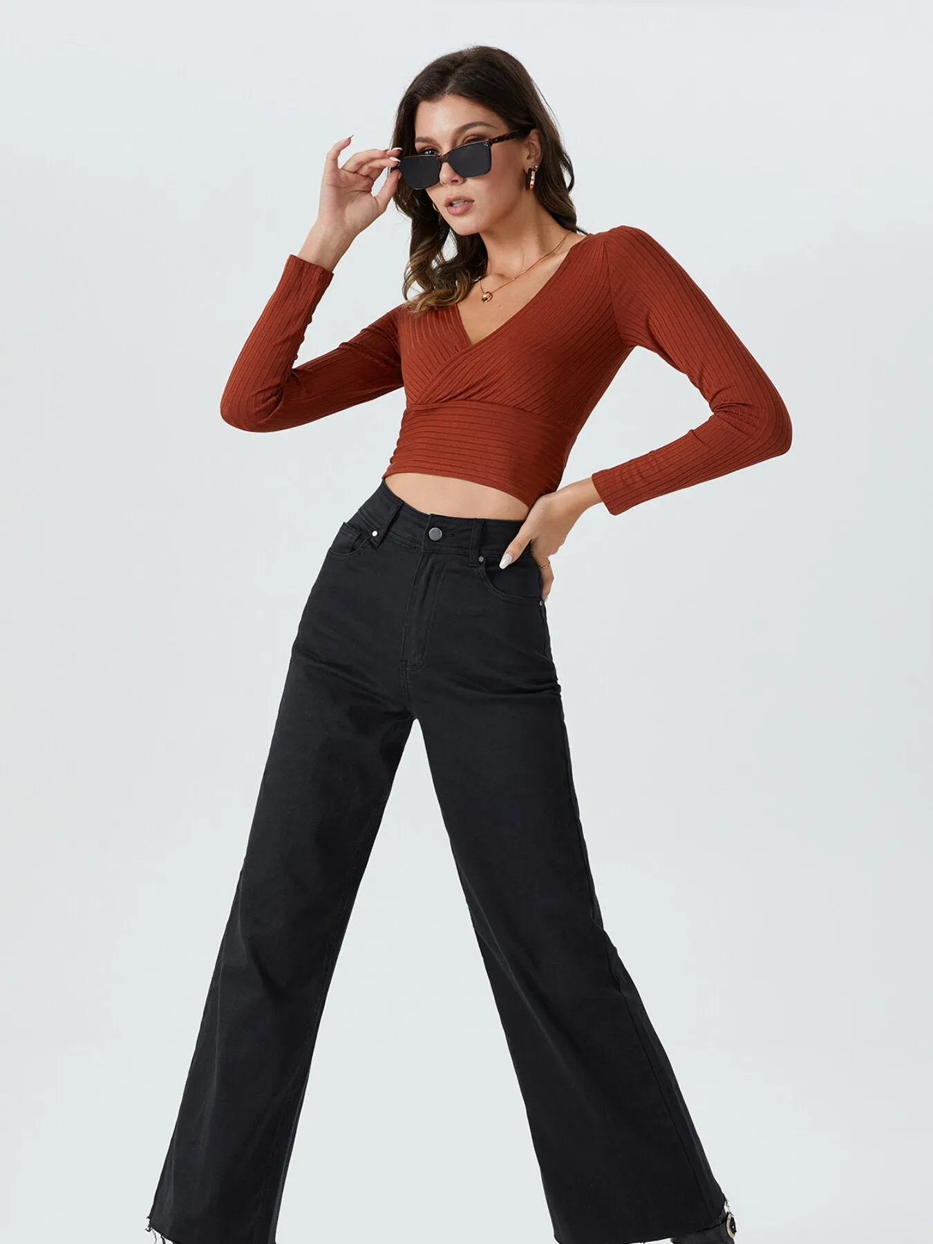 Crop Deep V Neck Rib Top