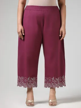 Diza Purple Floral Hem Embroidered Cotton Straight Pants