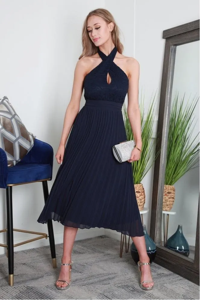 Double Second Cross Halterneck Pleated Skirt Midi Dress