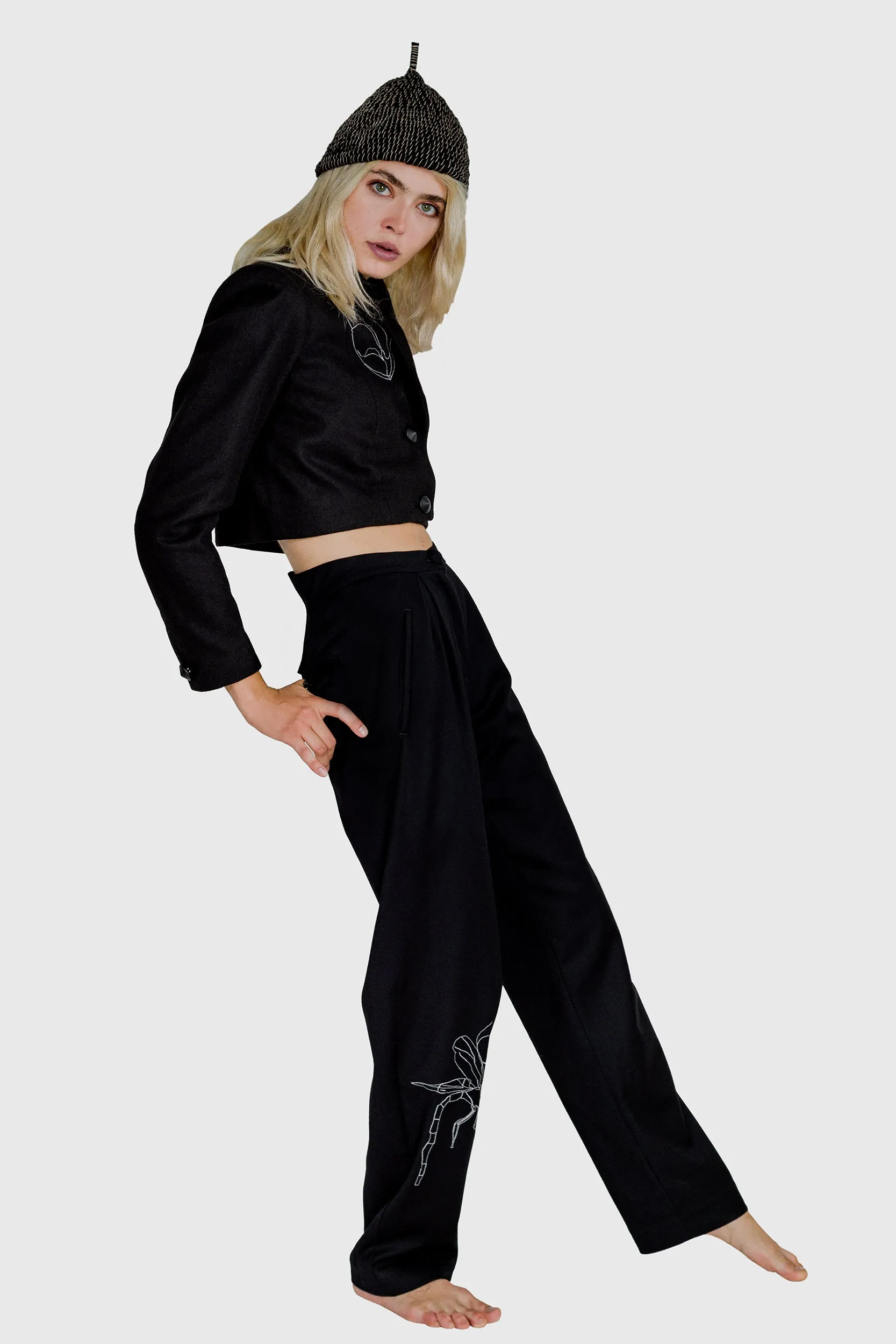 Dragonfly Trousers - Embroidered Black Wool