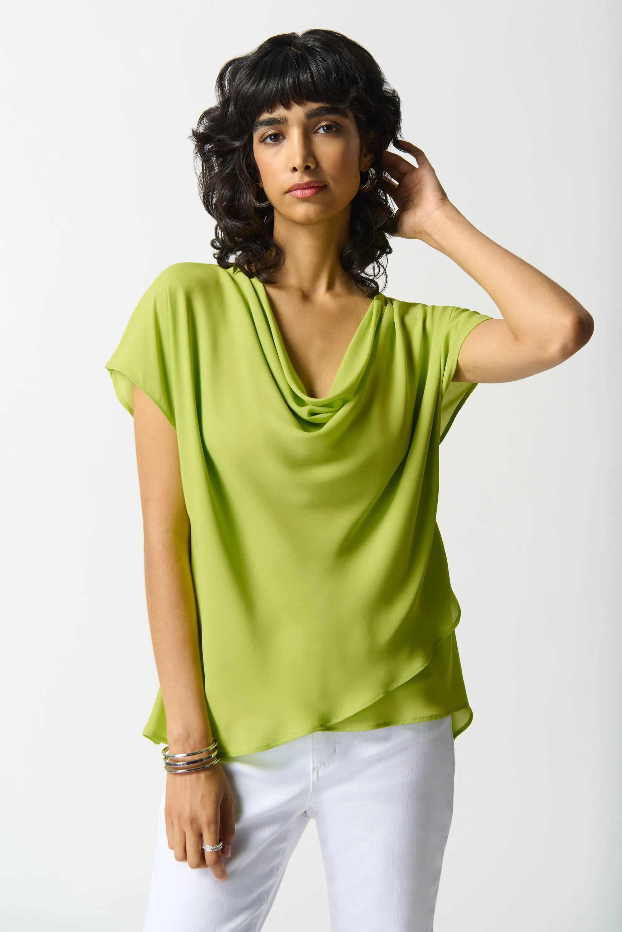 DRAPE NECK LAYERED HEM TOP