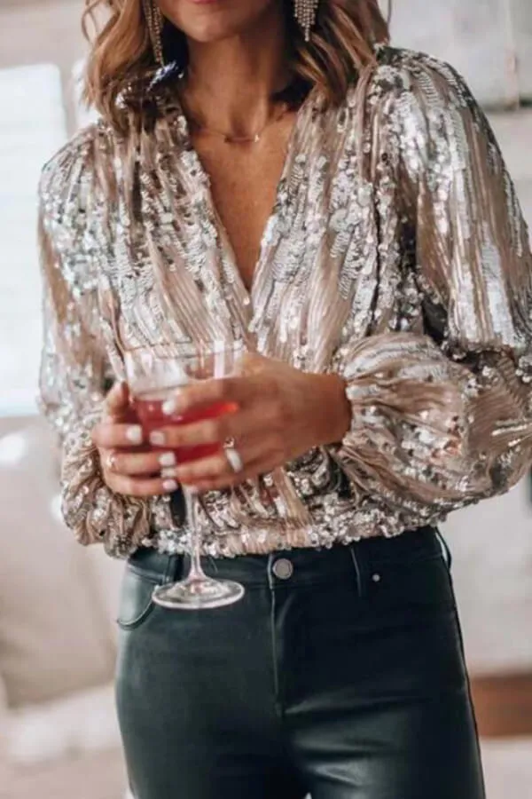 Dunnmall Fashion Sexy V Neck Sequin Top