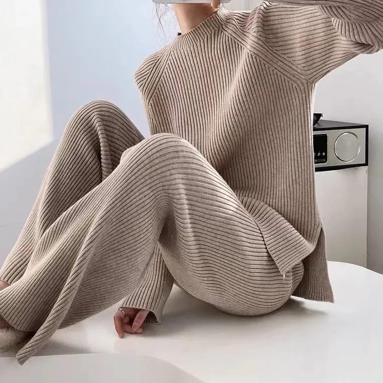 Elegant Casual Split Knit Sweater Wide-Leg Suit