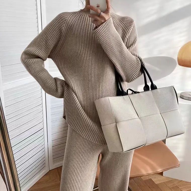 Elegant Casual Split Knit Sweater Wide-Leg Suit