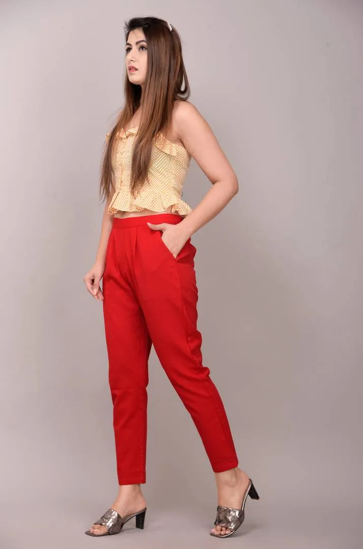 Elegant Red Solid Cotton Flex Stretchable Trousers For Women And Girls