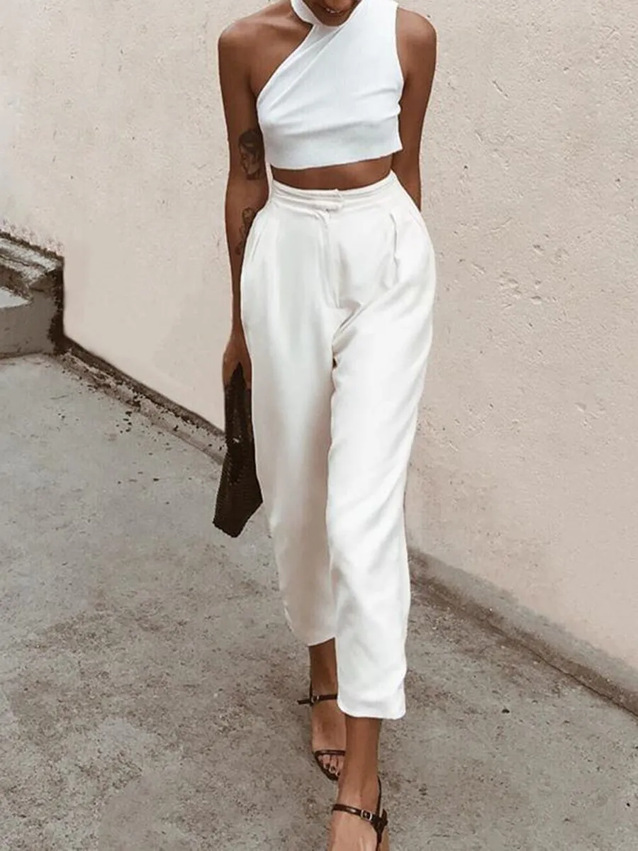 Elegant Sleeveless Crop Top and Trousers Women's Suit