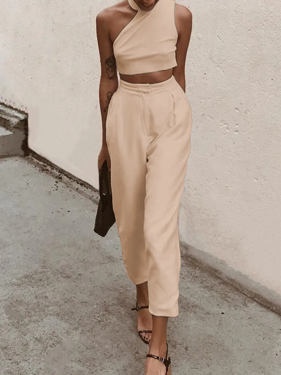 Elegant Sleeveless Crop Top and Trousers Women's Suit