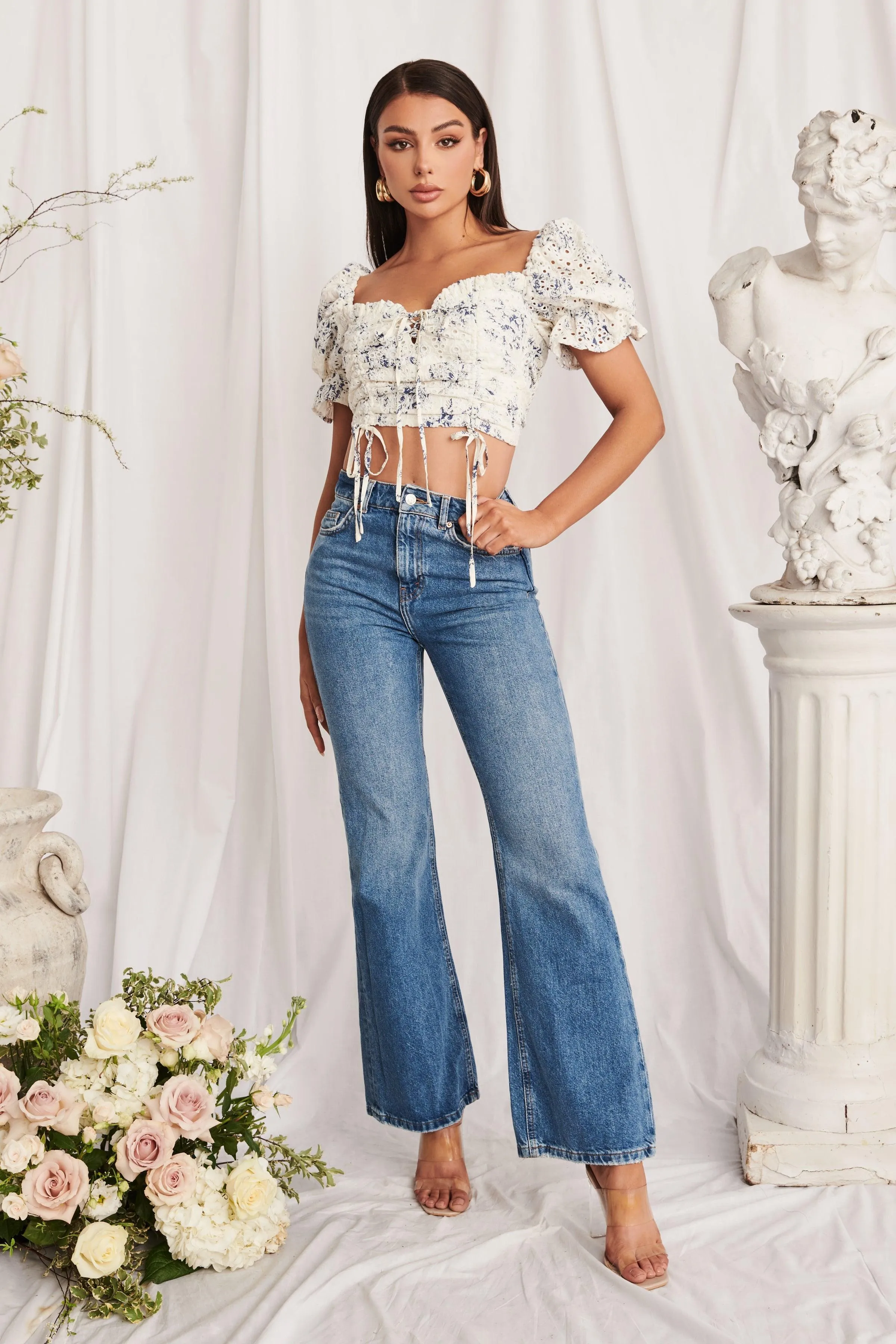 EMERY Broderie Gathered Strappy Back Top in Porcelain