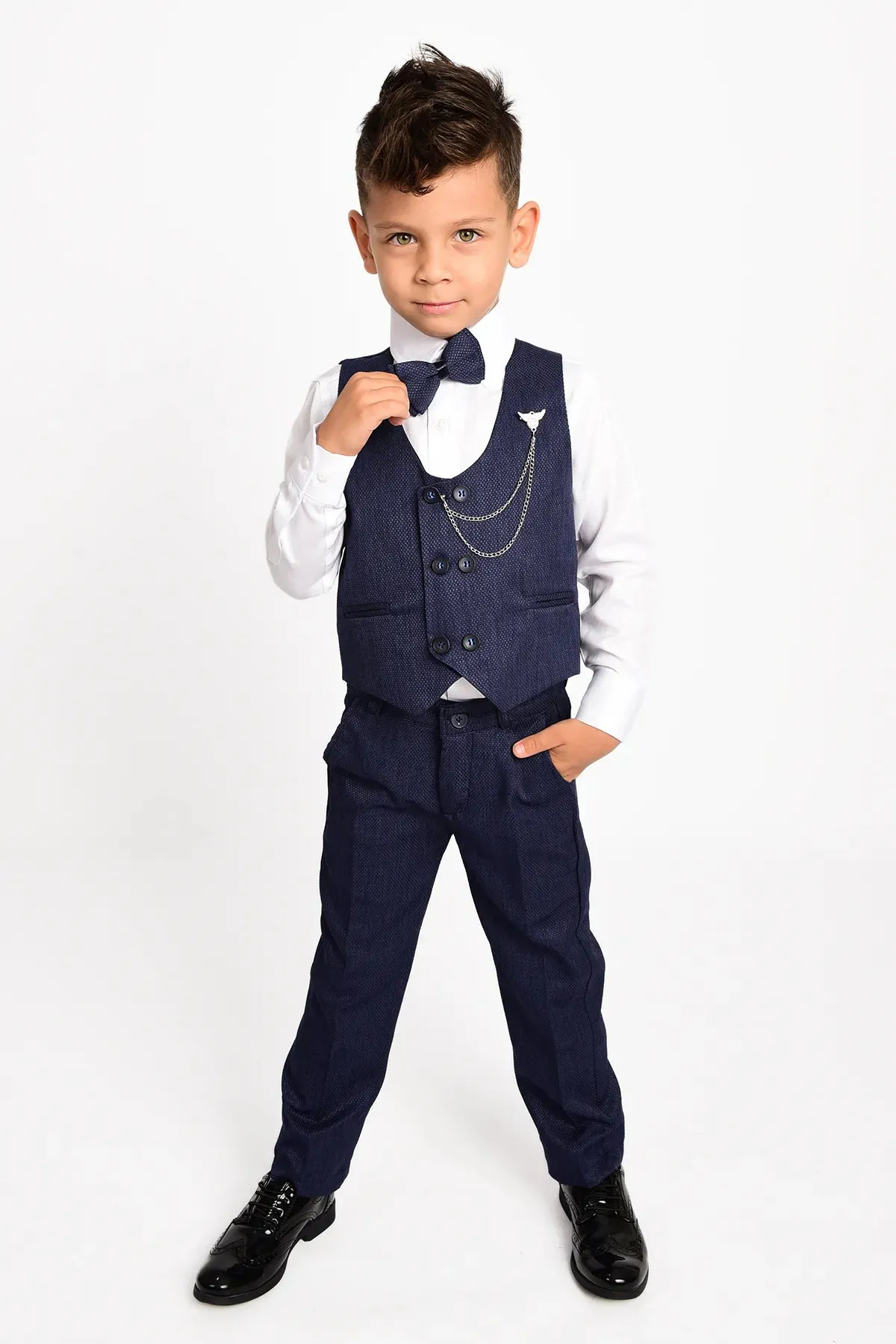 Entel Boy's Navy Blue Chain Tuxedo Vest and Bow Tie Suit