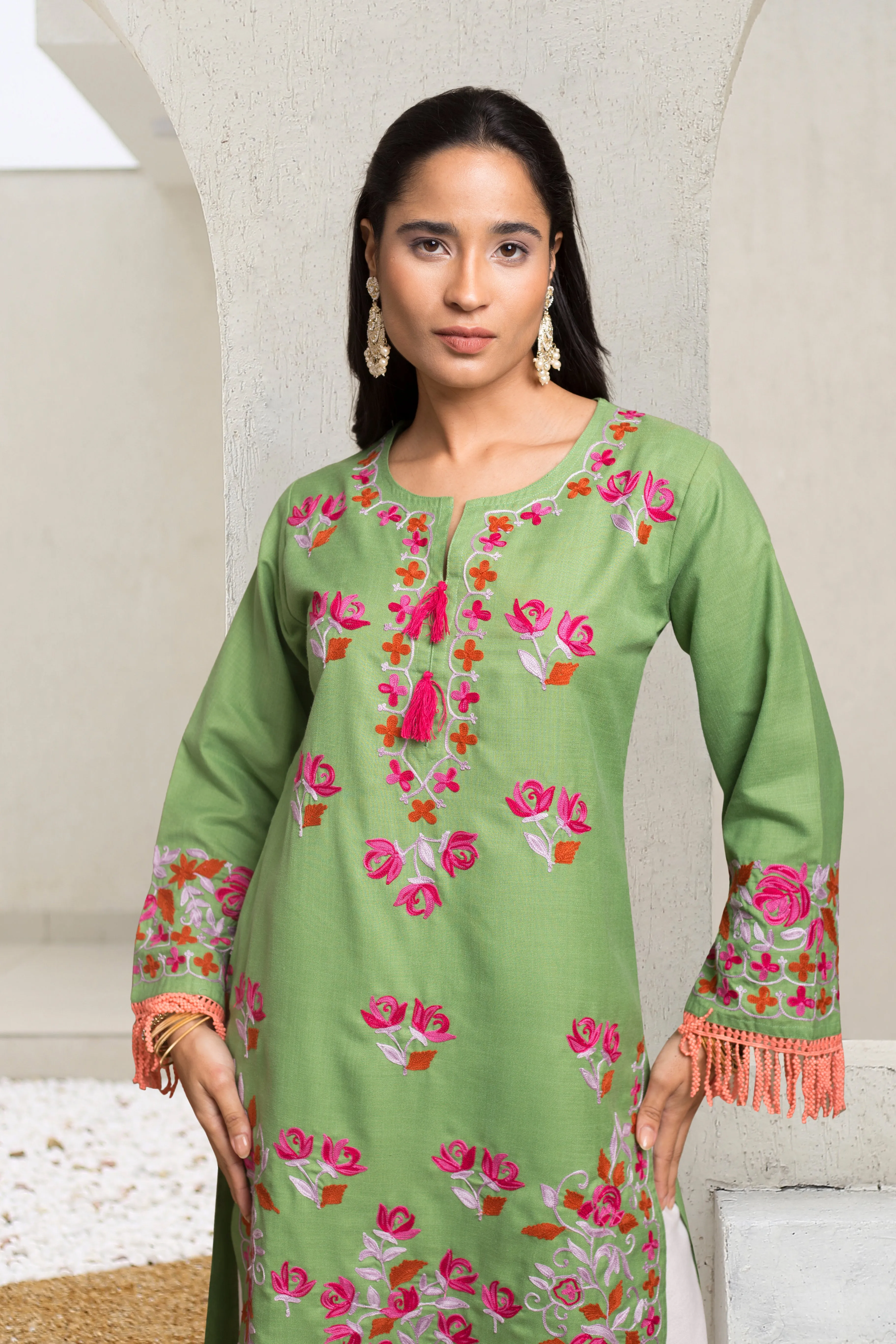 Falak Kashmiri Long Kurta - Green