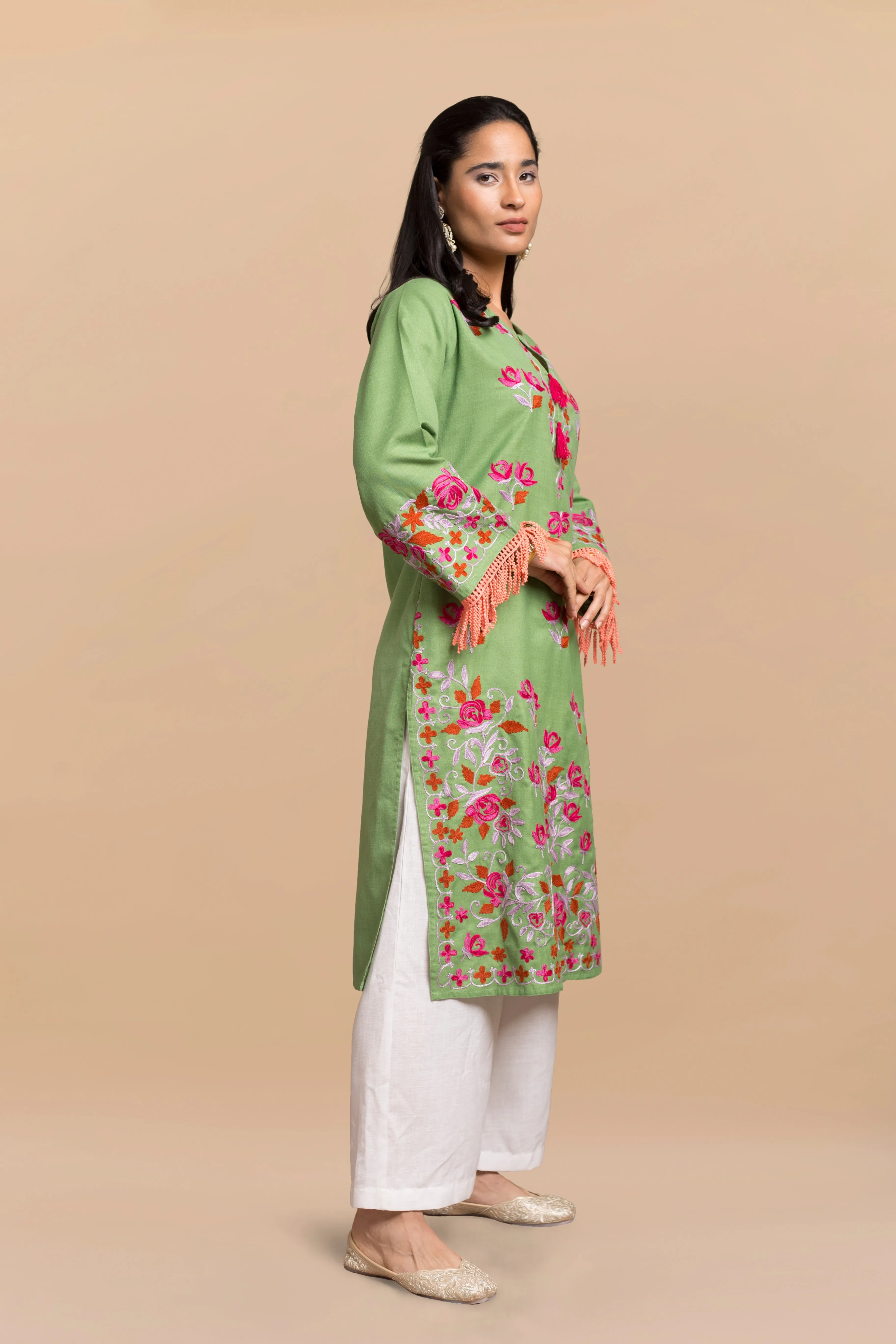 Falak Kashmiri Long Kurta - Green