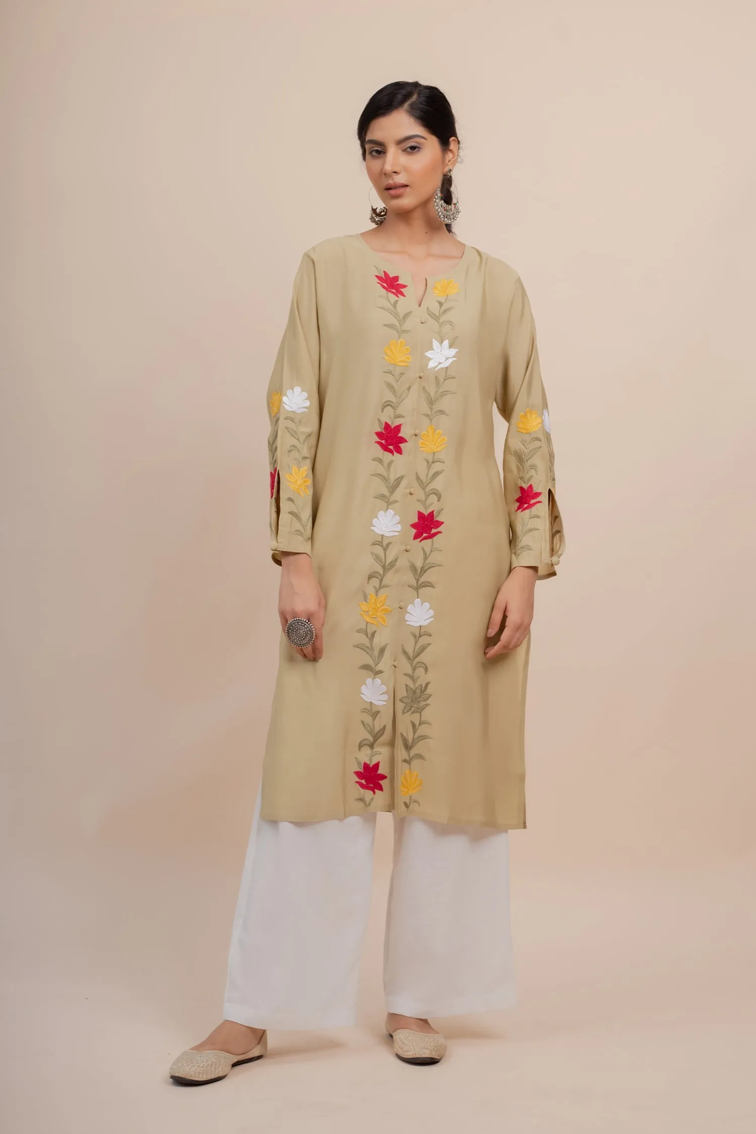 Falak Kashmiri Long Kurta In Beige Muslin With Aari