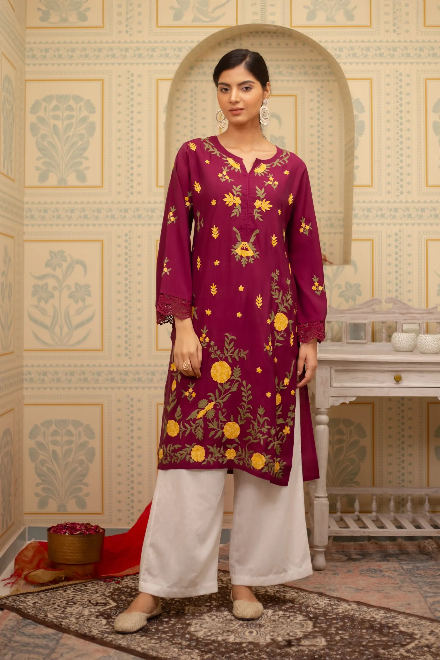 Falak Kashmiri Long Kurta In Burgundy Muslin With Aari