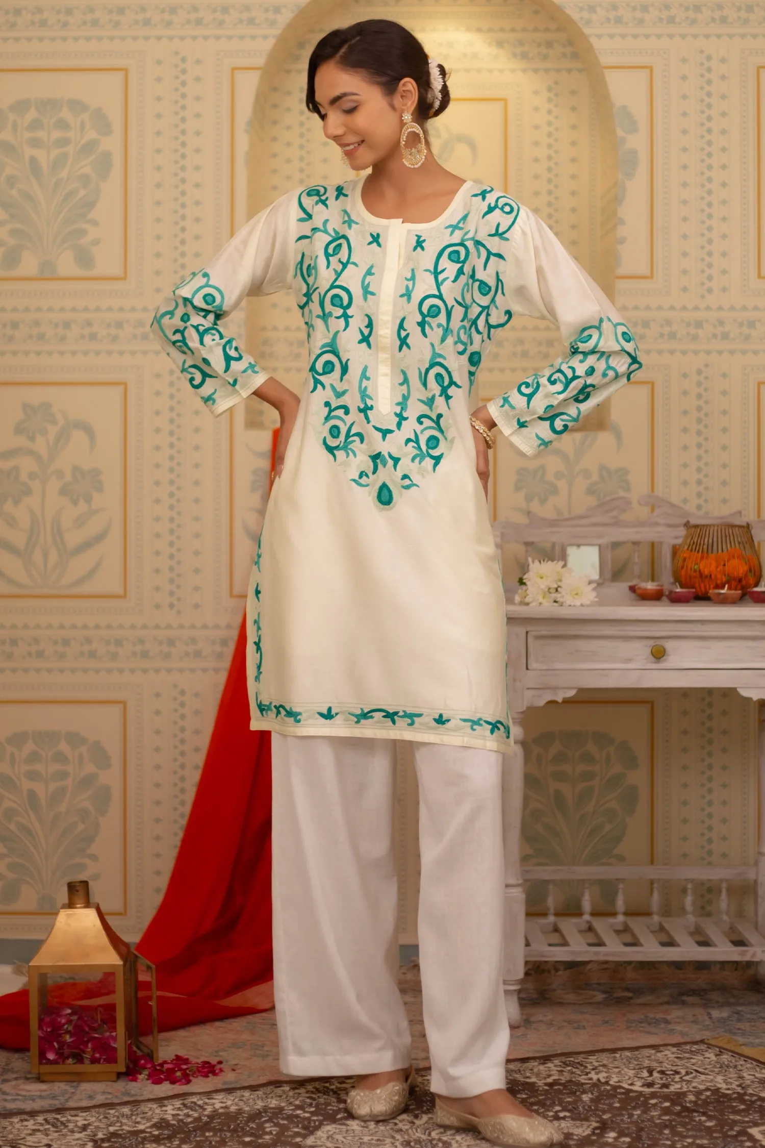 Falak Kashmiri Long Kurta In Chanderi Silk With Turquoise Blue Embroidery